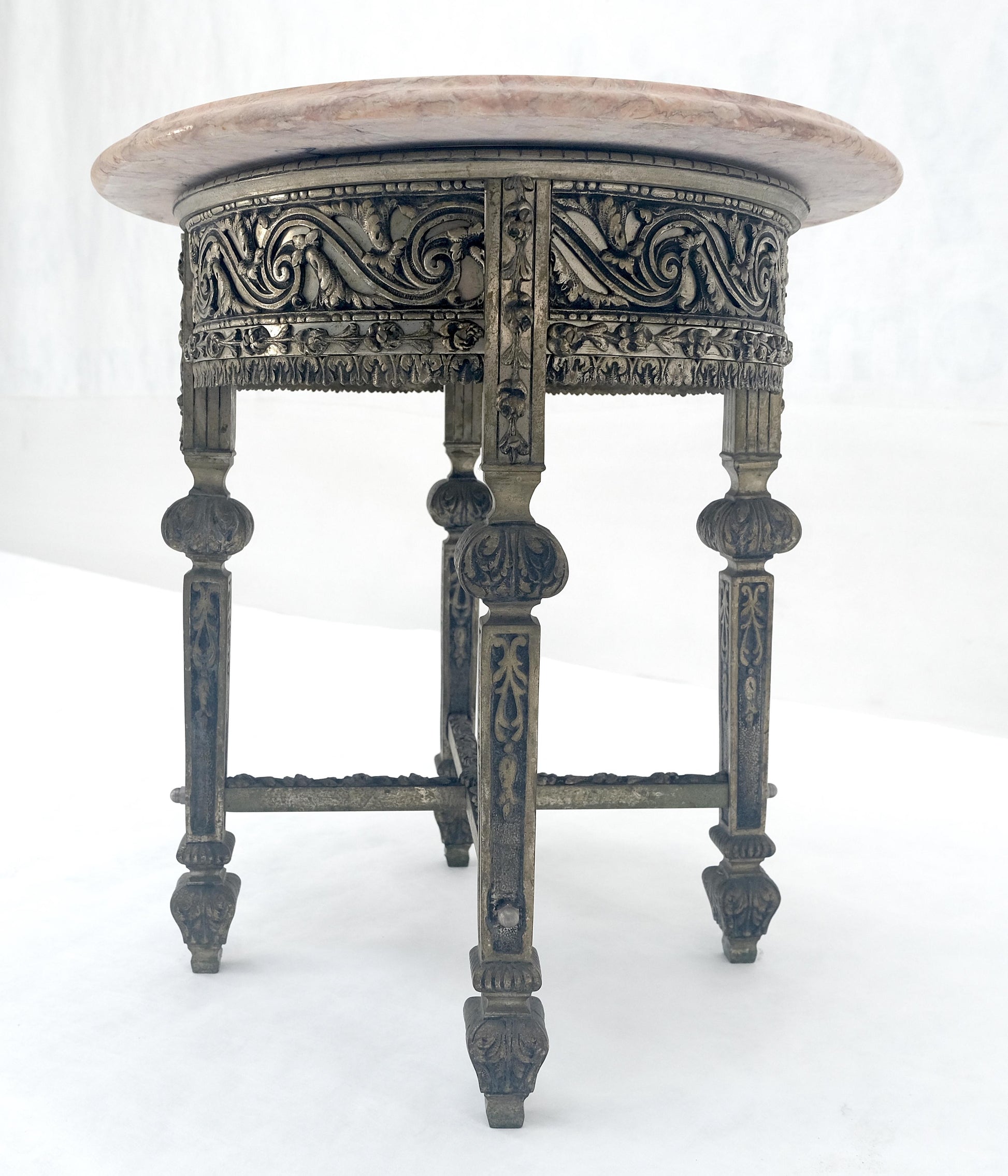 EstablishedLines c1920s Round Pink Marble Top Cast Metal Base Side End lamp Table Stand