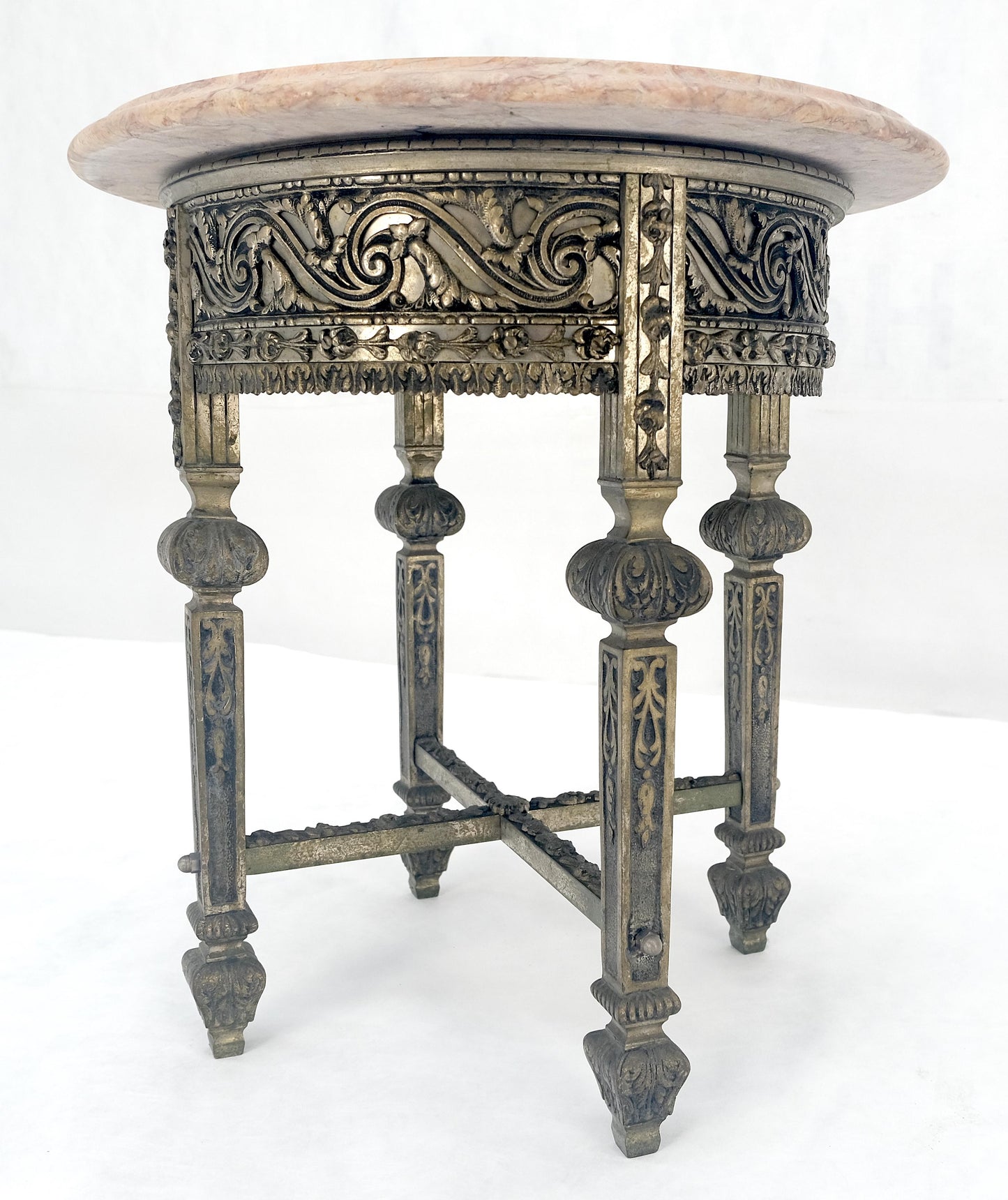 EstablishedLines c1920s Round Pink Marble Top Cast Metal Base Side End lamp Table Stand