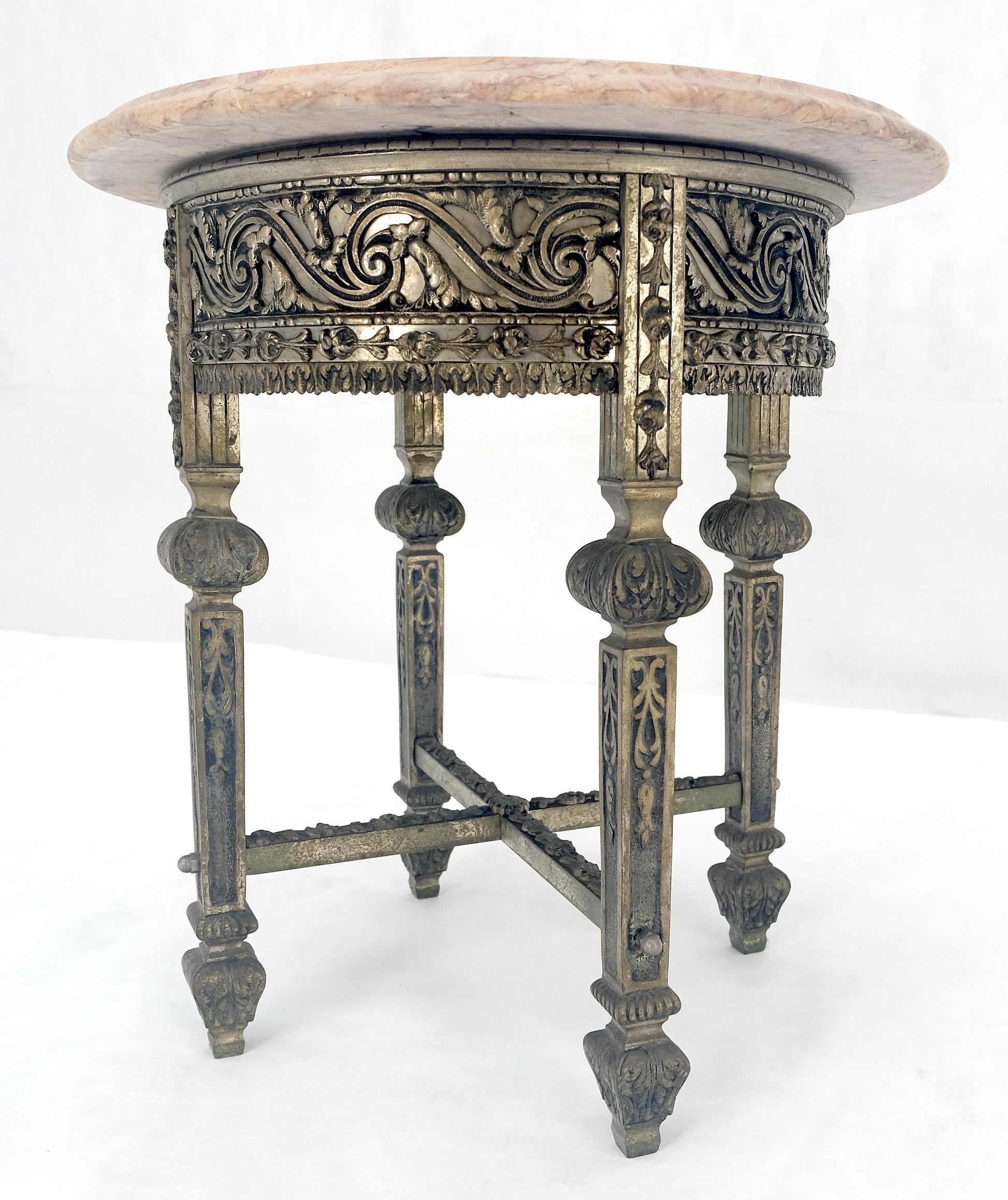 EstablishedLines c1920s Round Pink Marble Top Cast Metal Base Side End lamp Table Stand