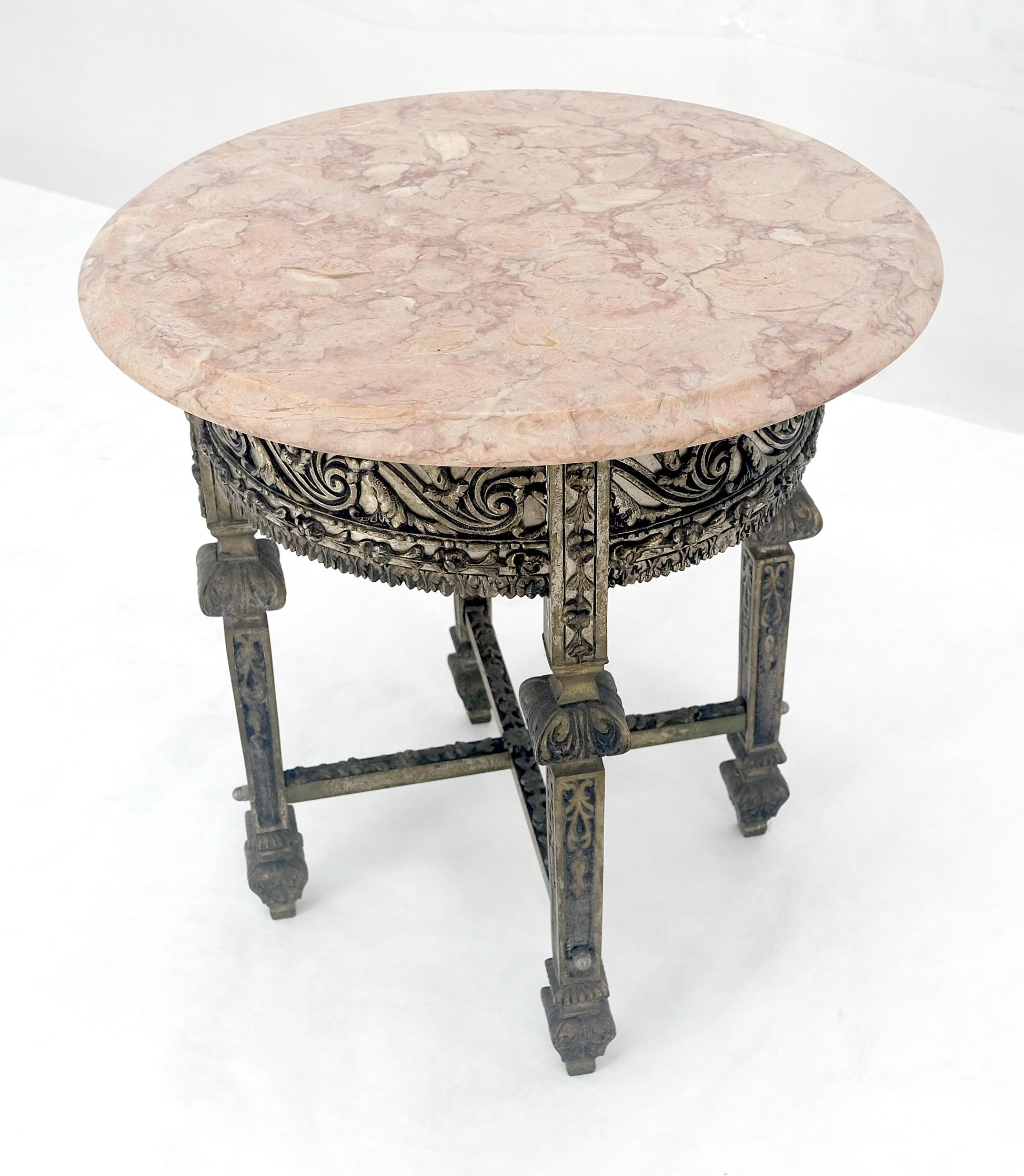EstablishedLines c1920s Round Pink Marble Top Cast Metal Base Side End lamp Table Stand