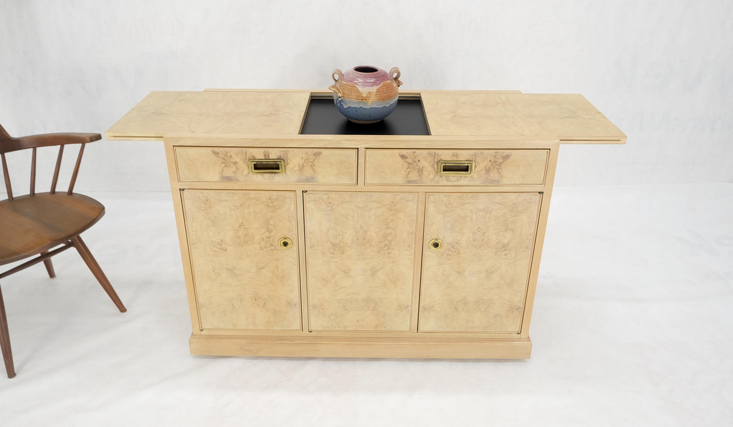 EstablishedLines White Wash Pickled Burl Wood Expandable Liquor Cabinet on Wheels Campaign Pulls