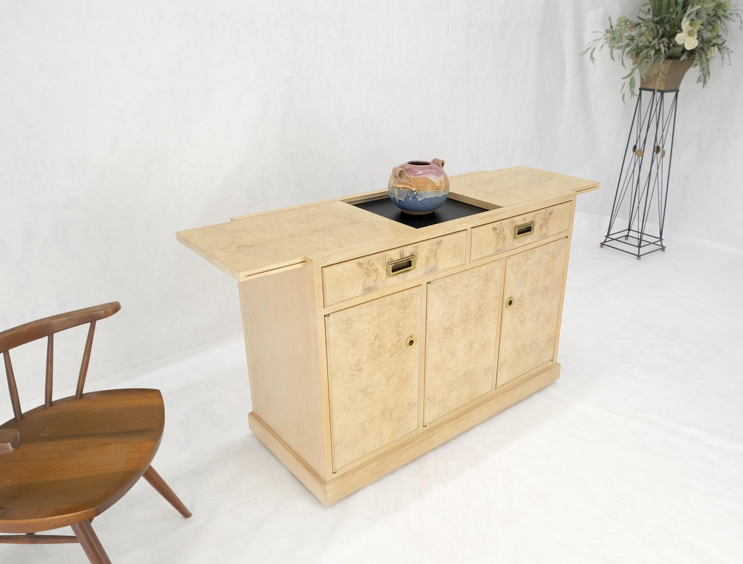 EstablishedLines White Wash Pickled Burl Wood Expandable Liquor Cabinet on Wheels Campaign Pulls