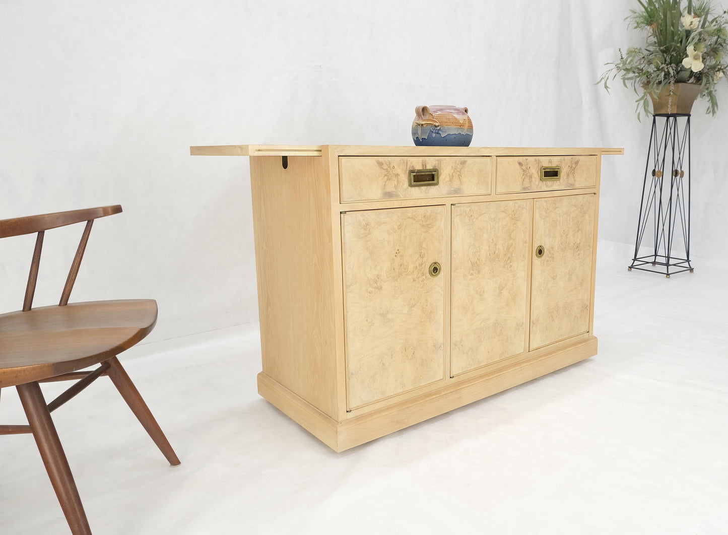 EstablishedLines White Wash Pickled Burl Wood Expandable Liquor Cabinet on Wheels Campaign Pulls