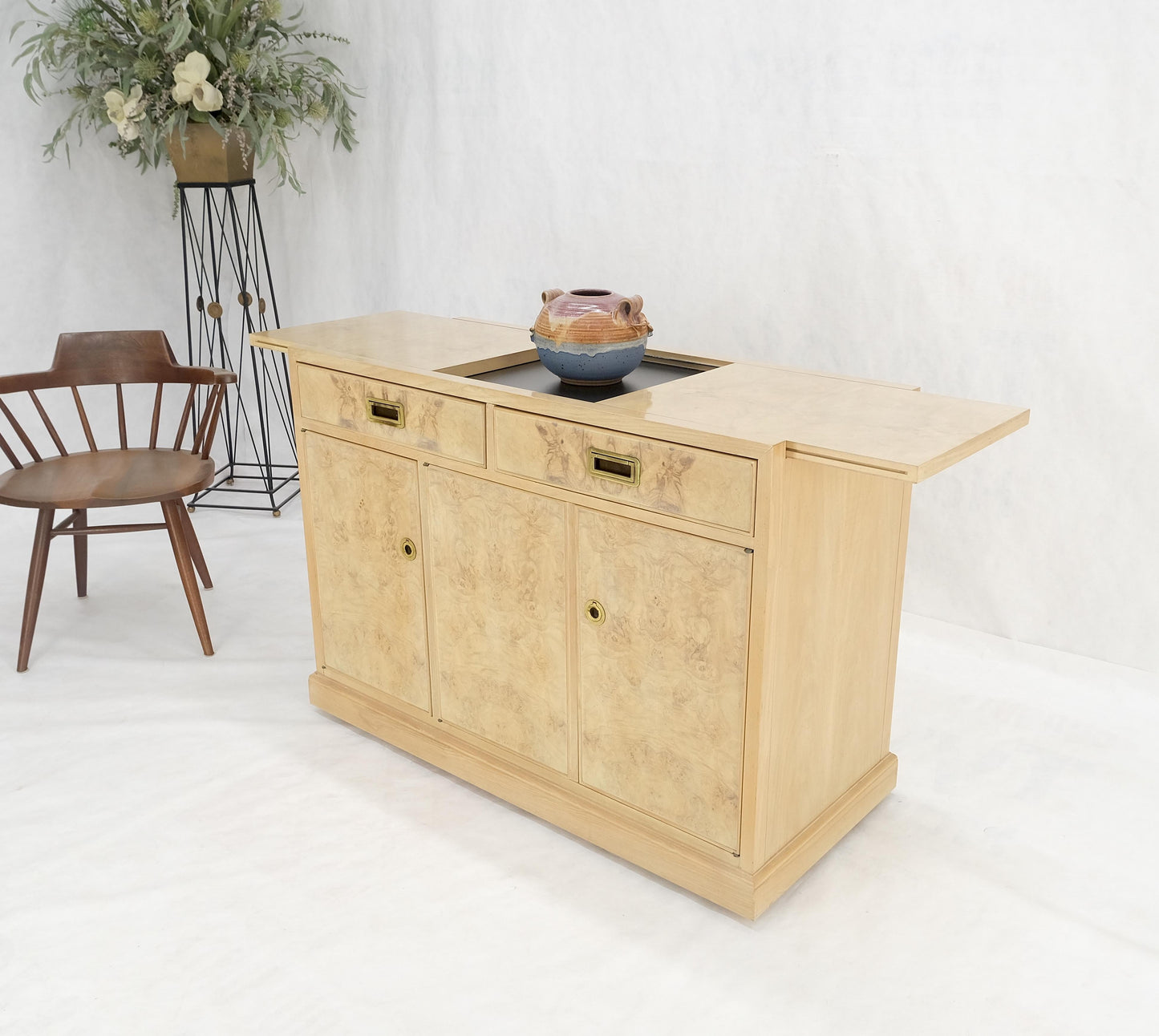 EstablishedLines White Wash Pickled Burl Wood Expandable Liquor Cabinet on Wheels Campaign Pulls