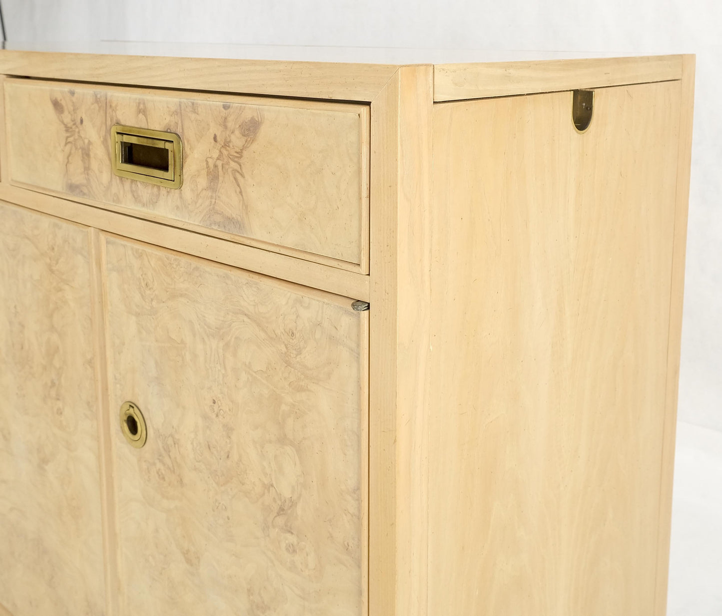 EstablishedLines White Wash Pickled Burl Wood Expandable Liquor Cabinet on Wheels Campaign Pulls