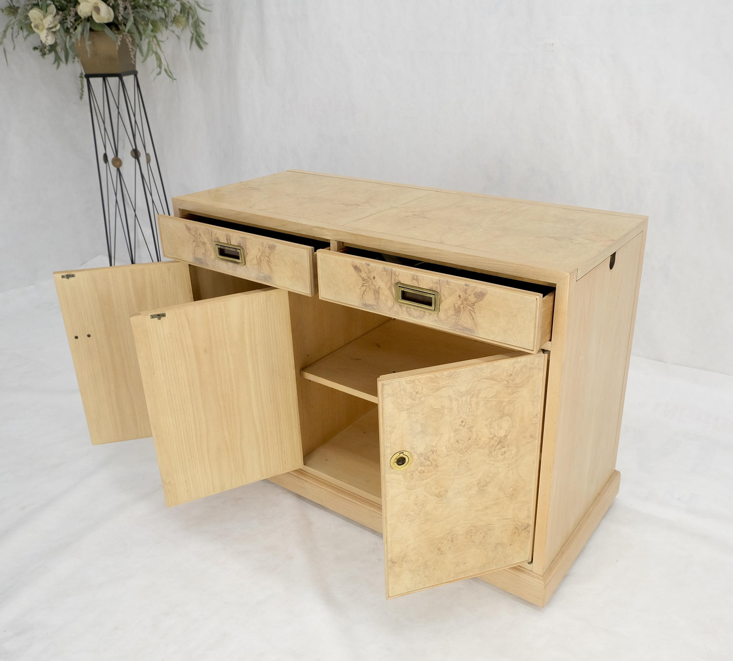 EstablishedLines White Wash Pickled Burl Wood Expandable Liquor Cabinet on Wheels Campaign Pulls