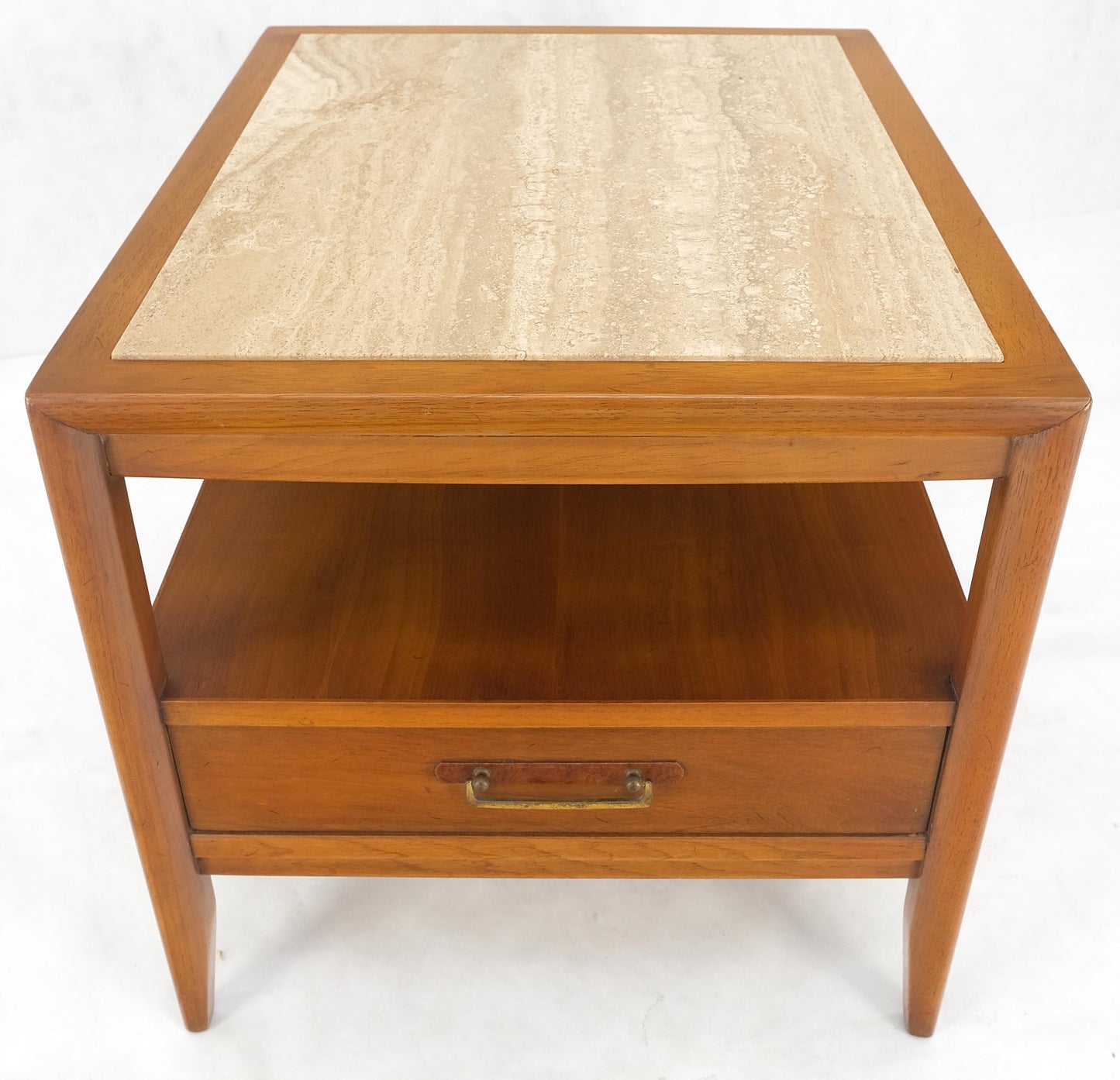 EstablishedLines Drexel Travertine Top Walnut Base Rectangle One Drawer Side End Table Stand MINT