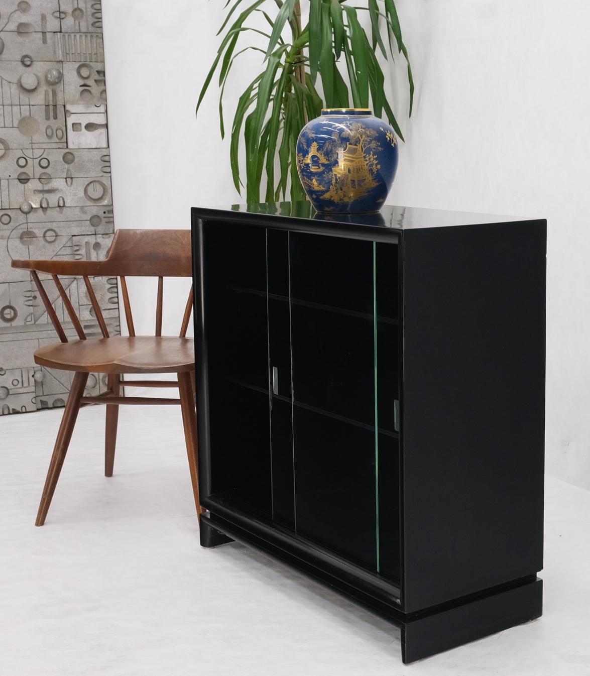 EstablishedLines Black Lacquer Double Glass Sliding Doors Bracket Feet Petit Bookcase Shelves
