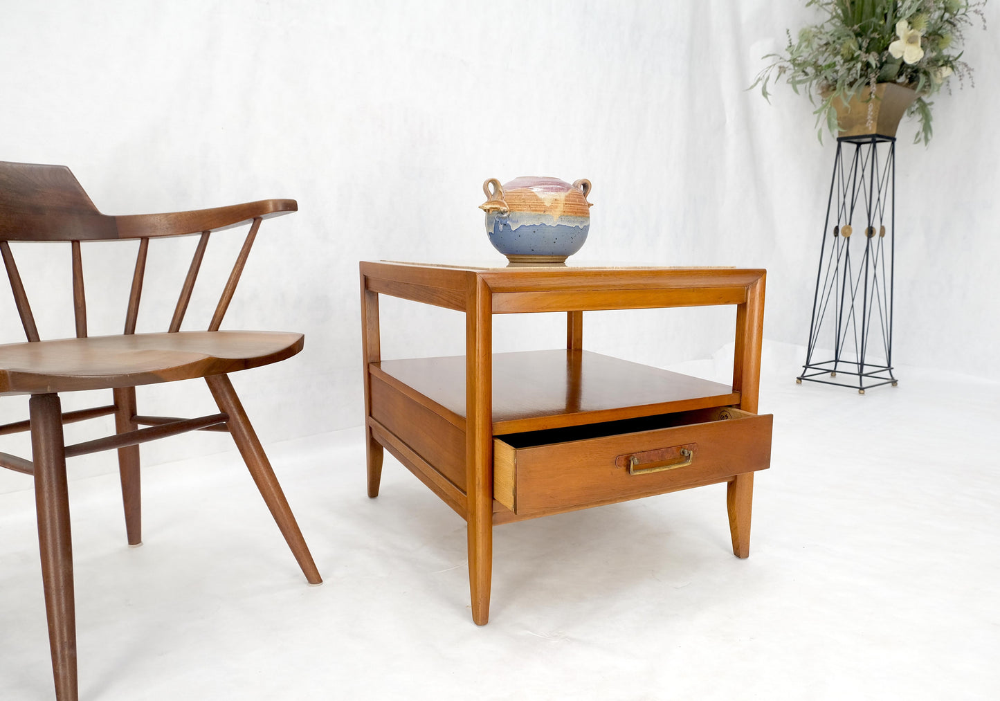 EstablishedLines Drexel Travertine Top Walnut Base Rectangle One Drawer Side End Table Stand MINT