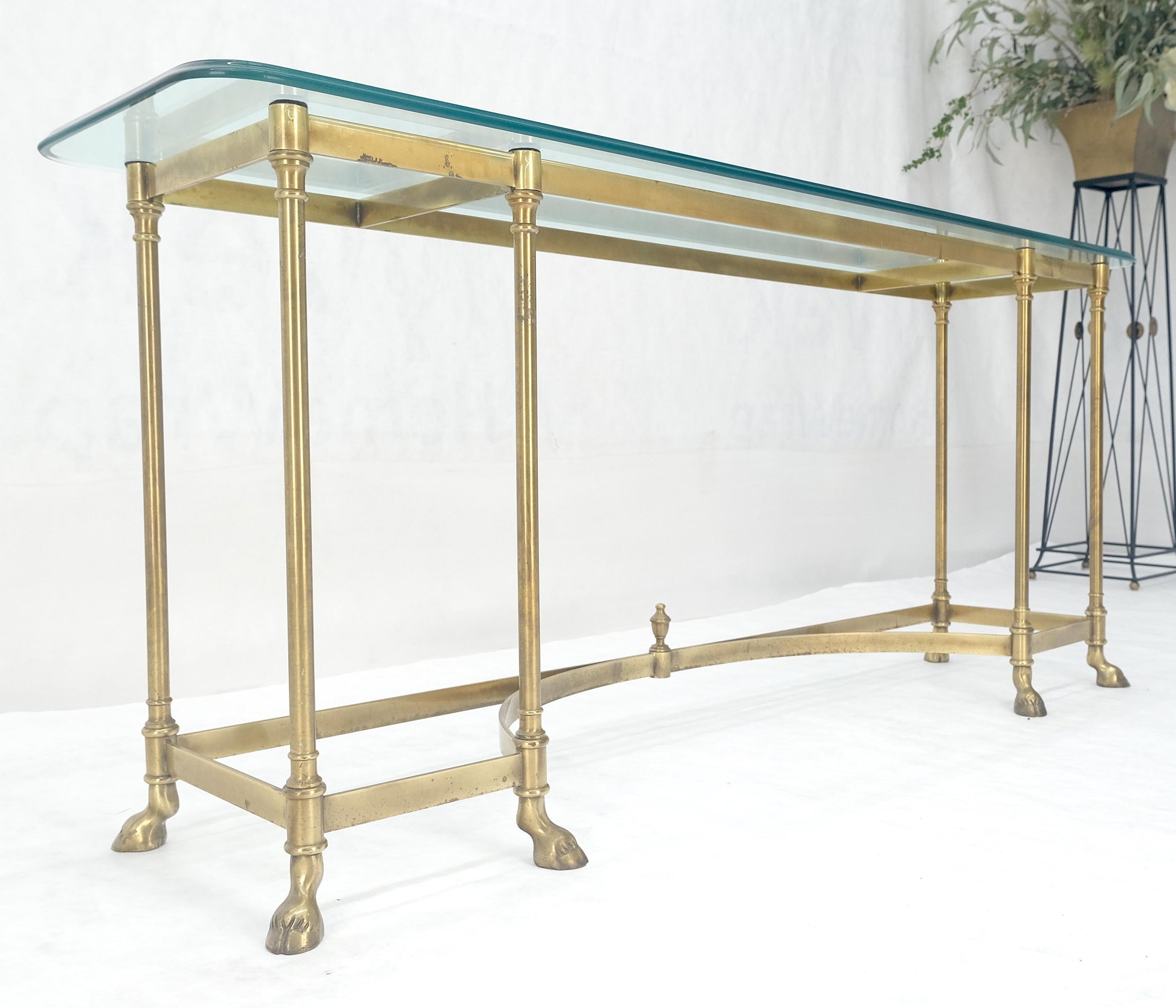 EstablishedLines Italian Hoof Feet Brass Frame Base 3/4" Glass Top Console Hall Table
