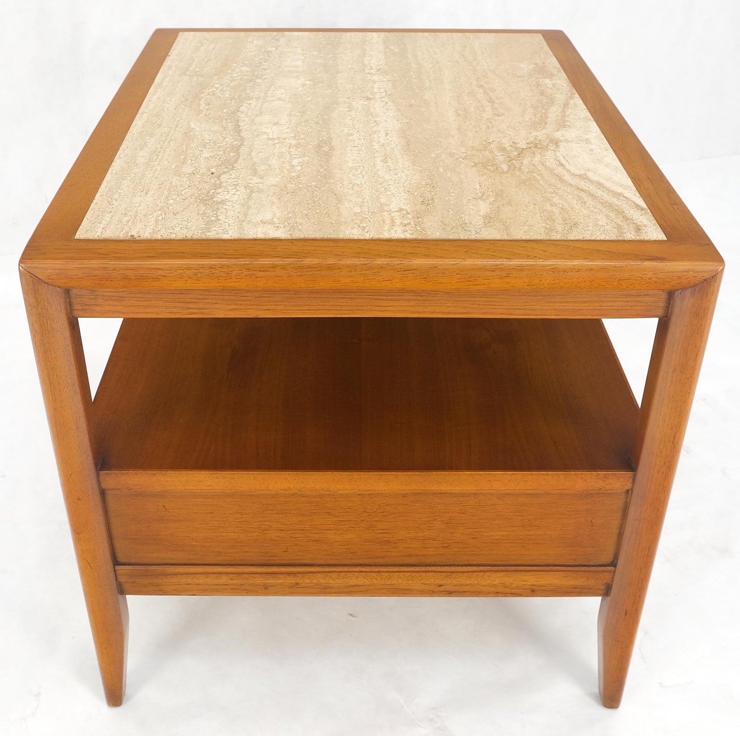 EstablishedLines Drexel Travertine Top Walnut Base Rectangle One Drawer Side End Table Stand MINT
