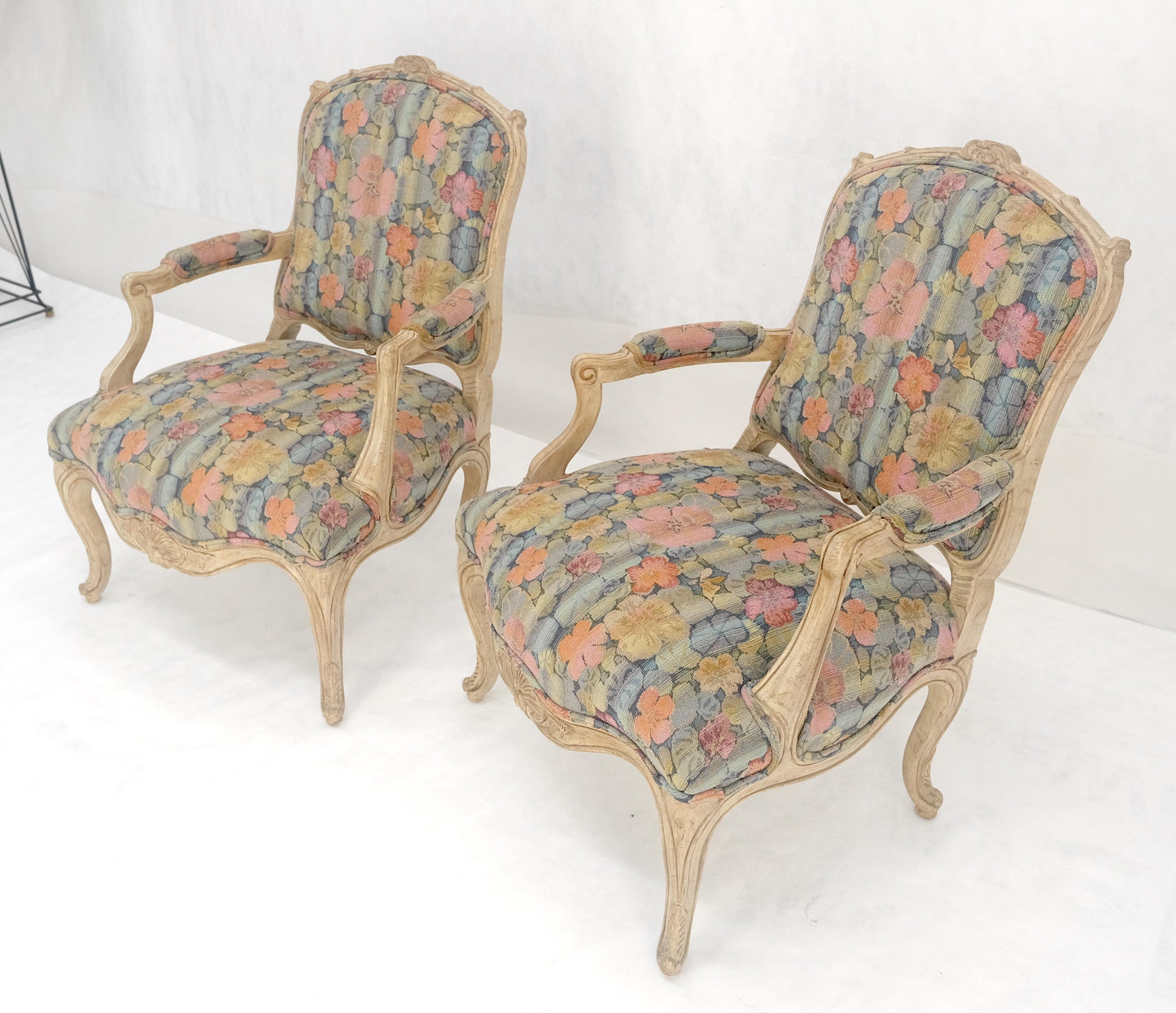EstablishedLines Pair of French Provincial Decorative Floral Pattern Carved Arm Chairs MINT
