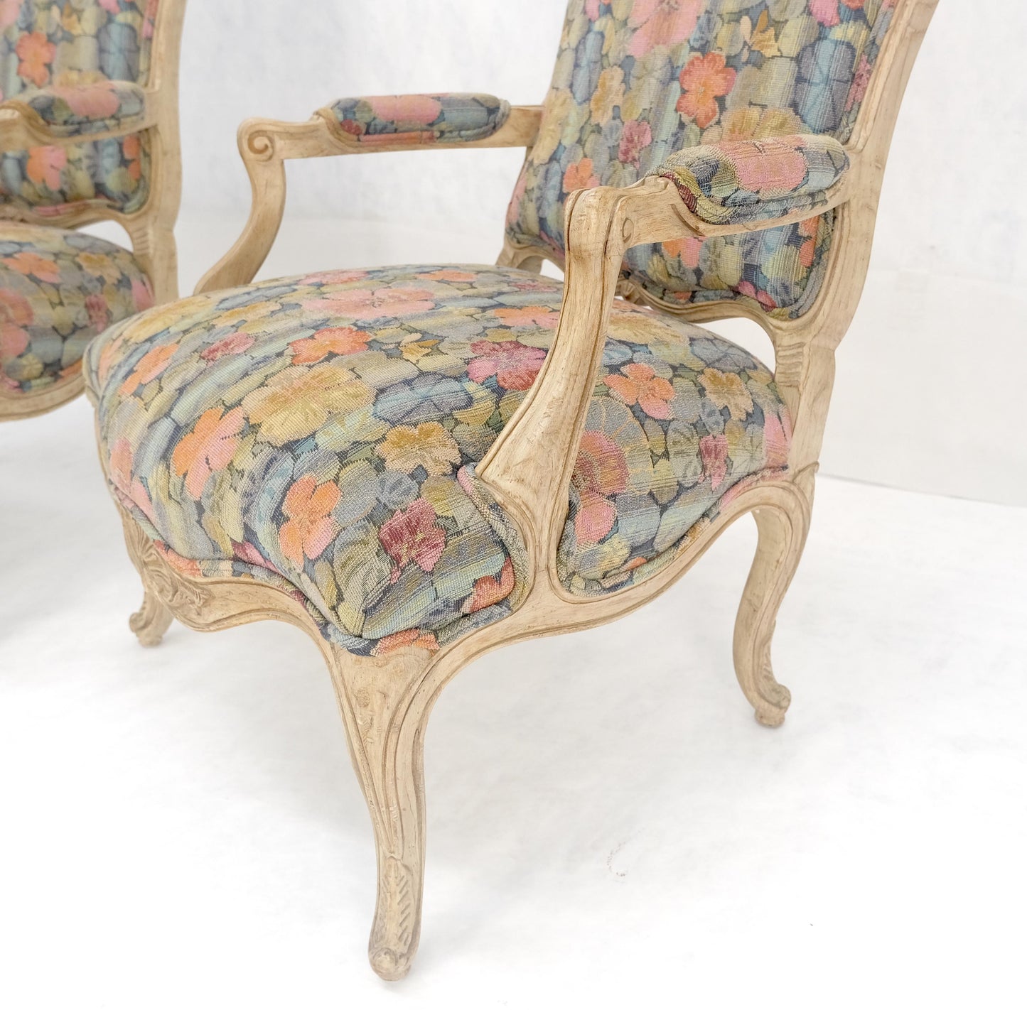 EstablishedLines Pair of French Provincial Decorative Floral Pattern Carved Arm Chairs MINT