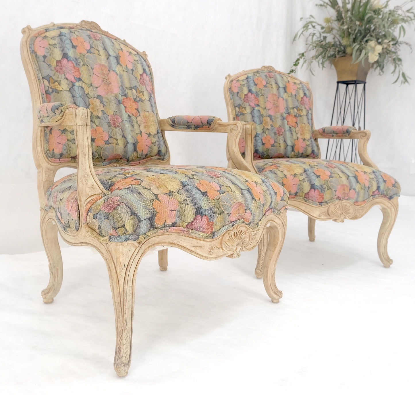 EstablishedLines Pair of French Provincial Decorative Floral Pattern Carved Arm Chairs MINT