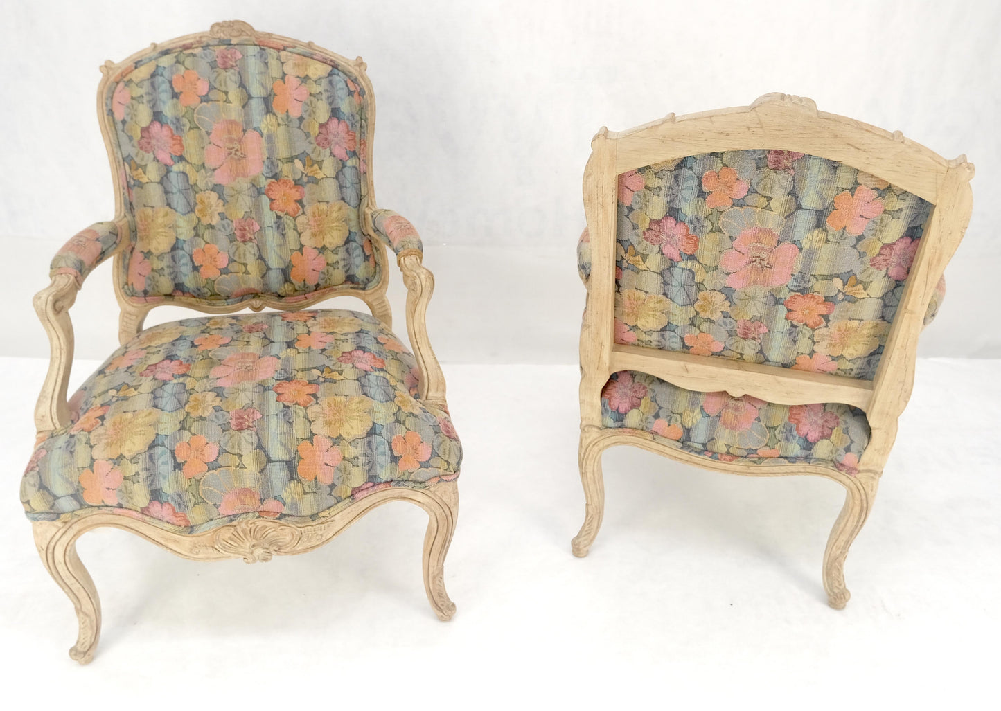 EstablishedLines Pair of French Provincial Decorative Floral Pattern Carved Arm Chairs MINT
