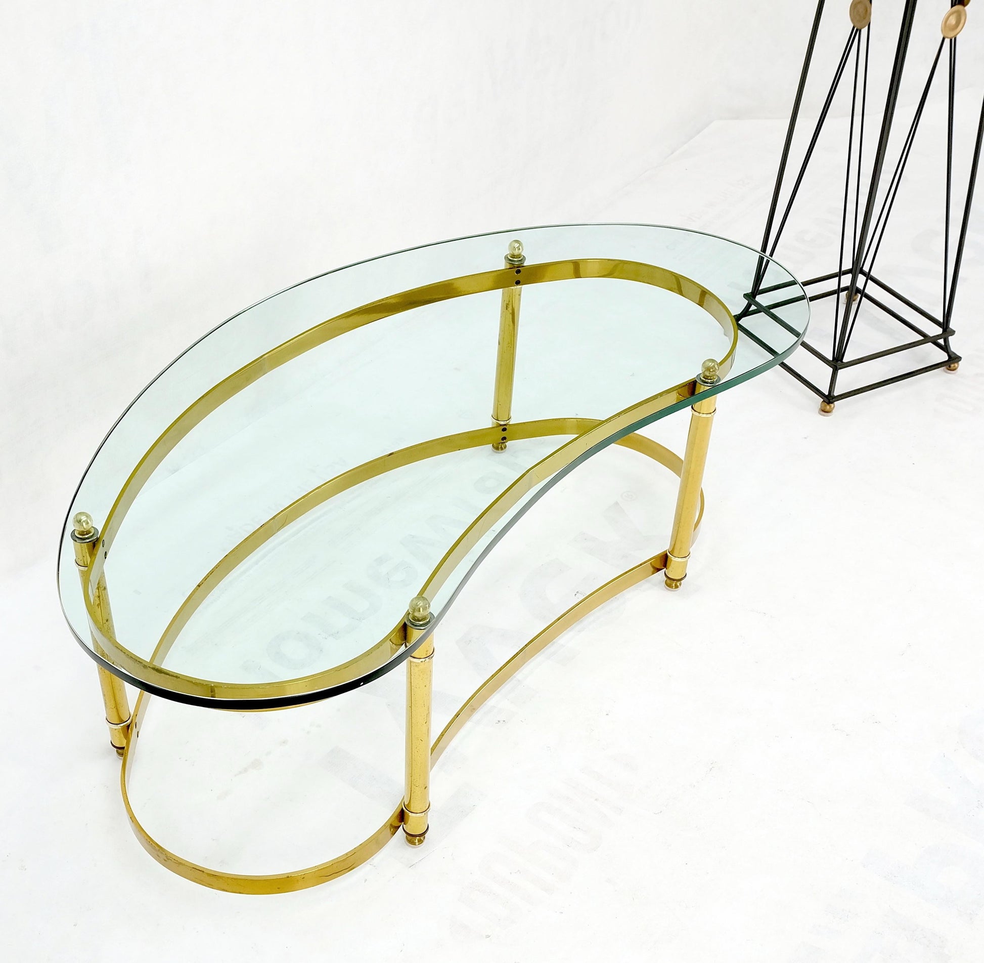 EstablishedLines Thick Glass Kidney Shape Brass Base Mid-Century Modern Coffee Table