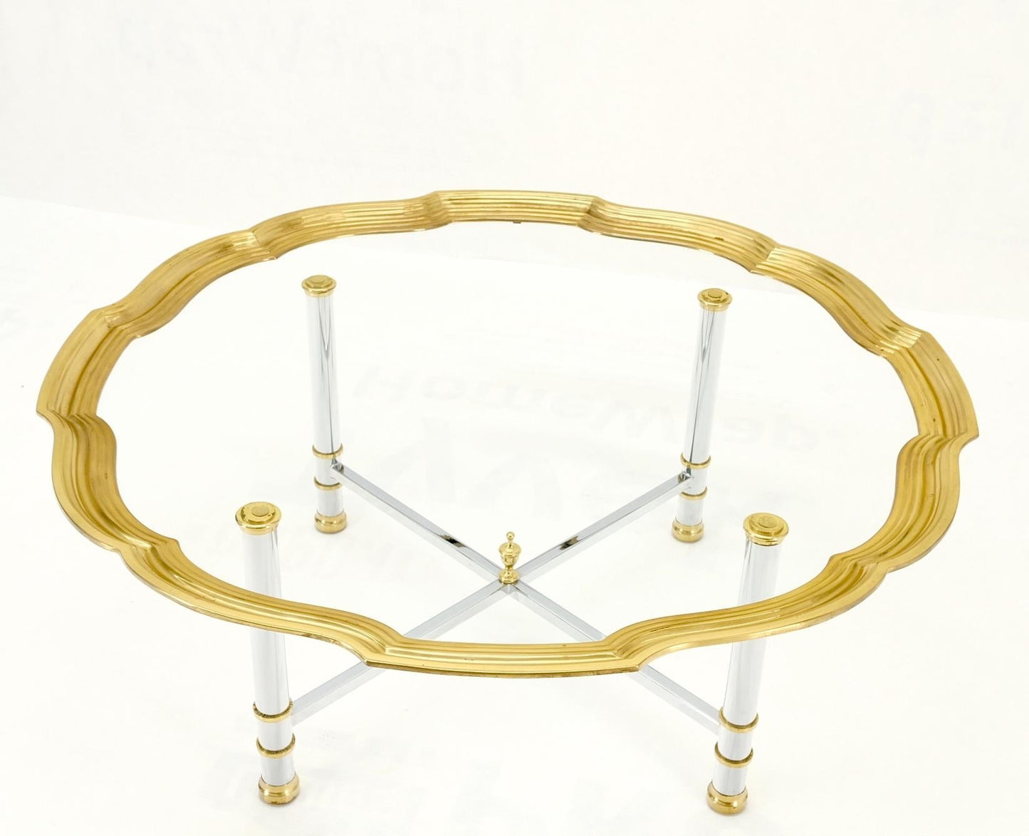 EstablishedLines Glass Top Solid Brass Trim Cross Shape Base Chrome Base Round Coffee Table MINT!