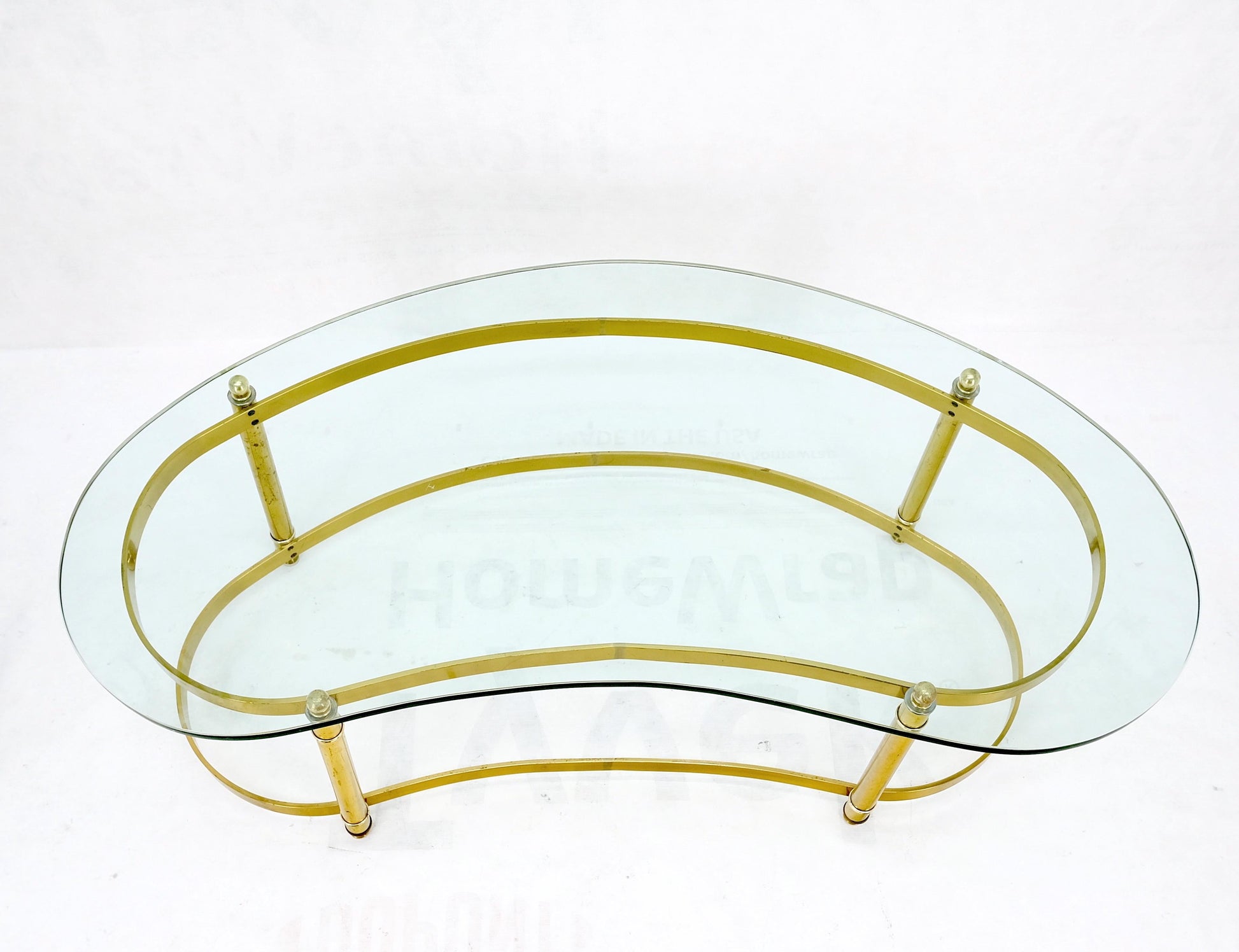 EstablishedLines Thick Glass Kidney Shape Brass Base Mid-Century Modern Coffee Table