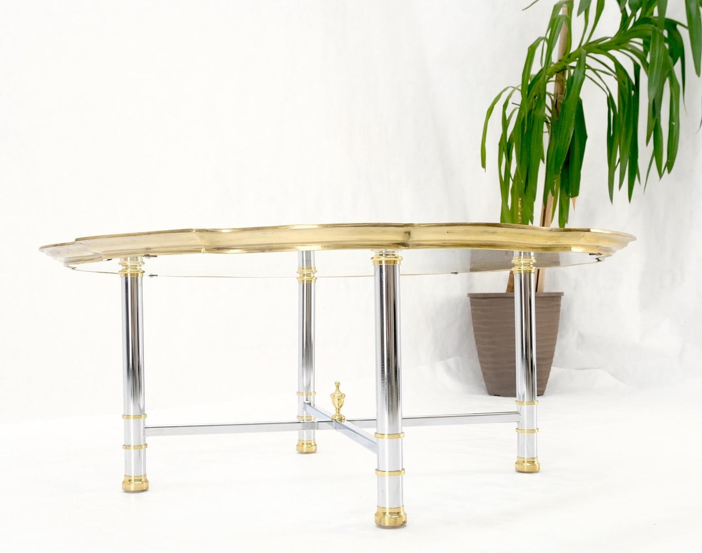 EstablishedLines Glass Top Solid Brass Trim Cross Shape Base Chrome Base Round Coffee Table MINT!
