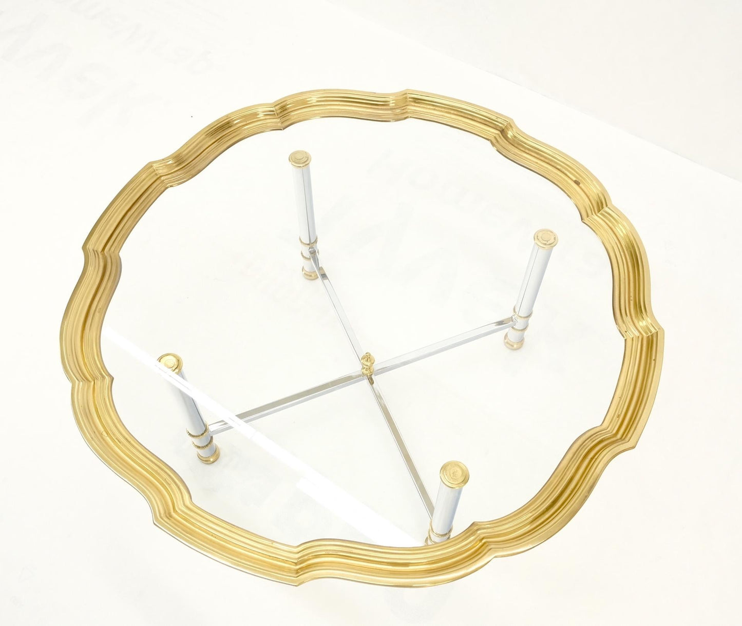 EstablishedLines Glass Top Solid Brass Trim Cross Shape Base Chrome Base Round Coffee Table MINT!