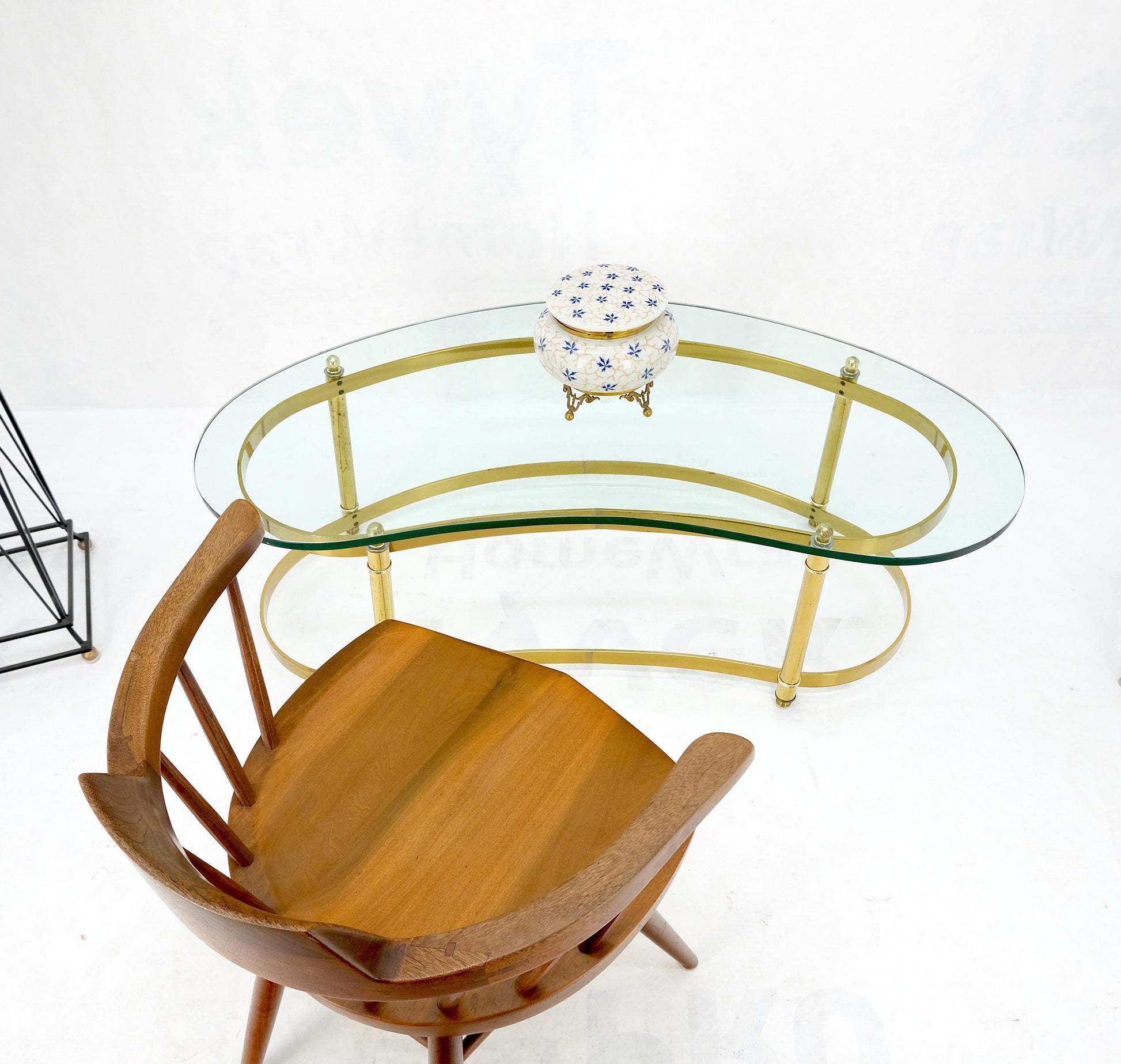 EstablishedLines Thick Glass Kidney Shape Brass Base Mid-Century Modern Coffee Table