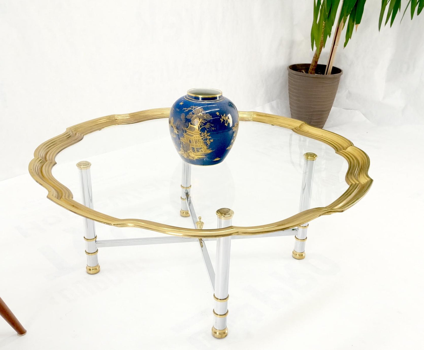 EstablishedLines Glass Top Solid Brass Trim Cross Shape Base Chrome Base Round Coffee Table MINT!