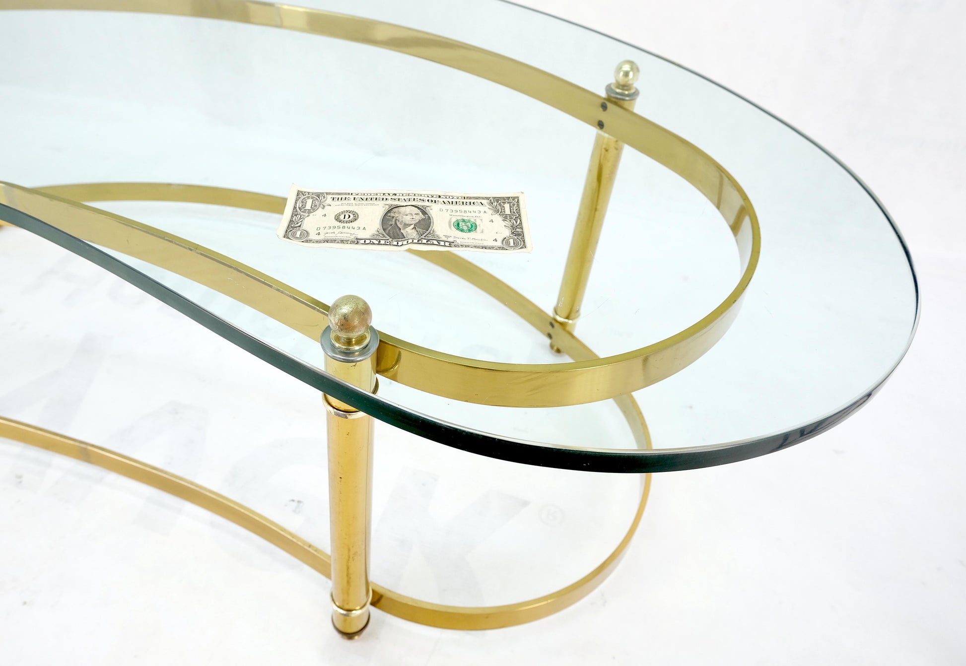 EstablishedLines Thick Glass Kidney Shape Brass Base Mid-Century Modern Coffee Table