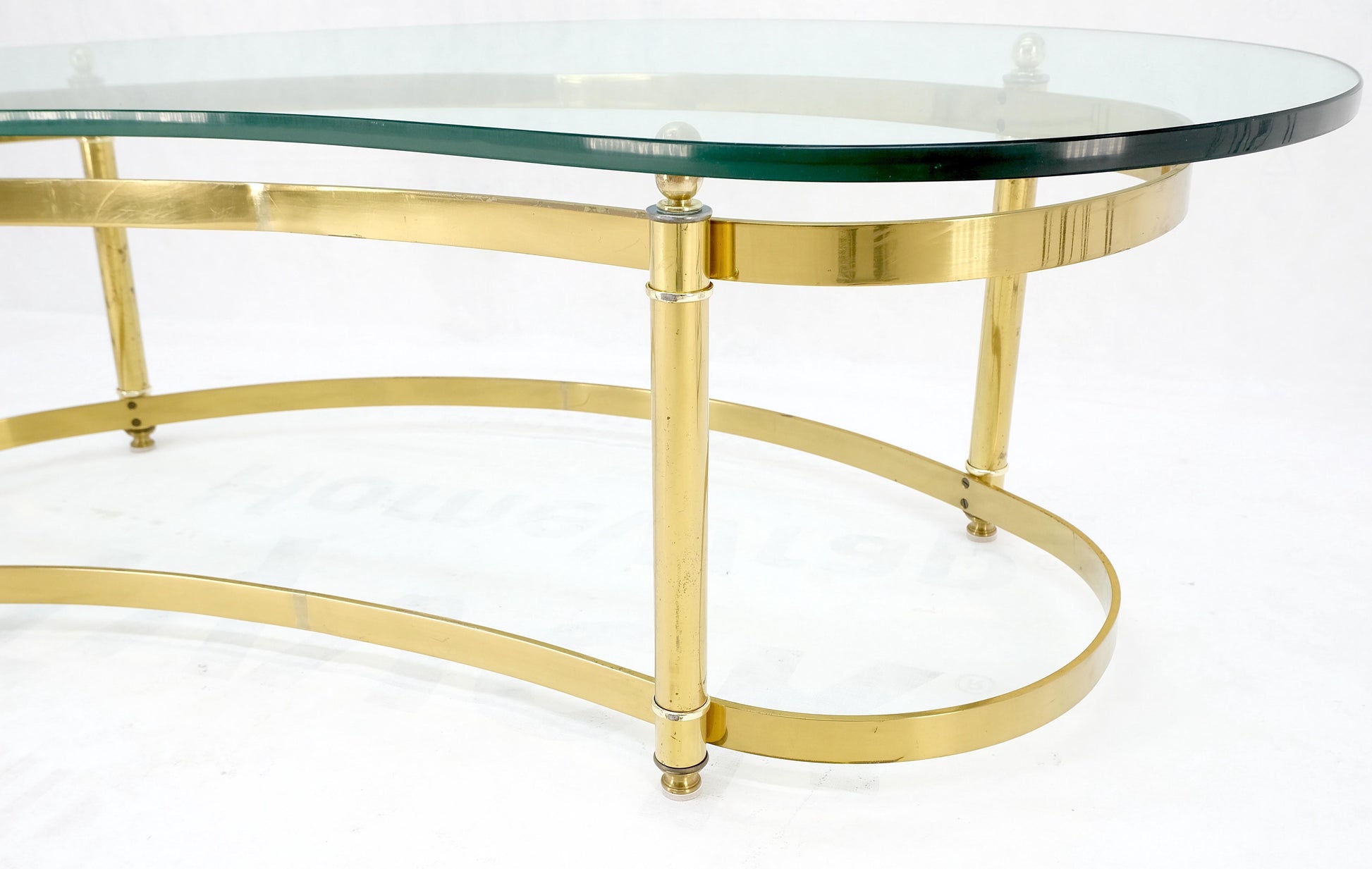 EstablishedLines Thick Glass Kidney Shape Brass Base Mid-Century Modern Coffee Table