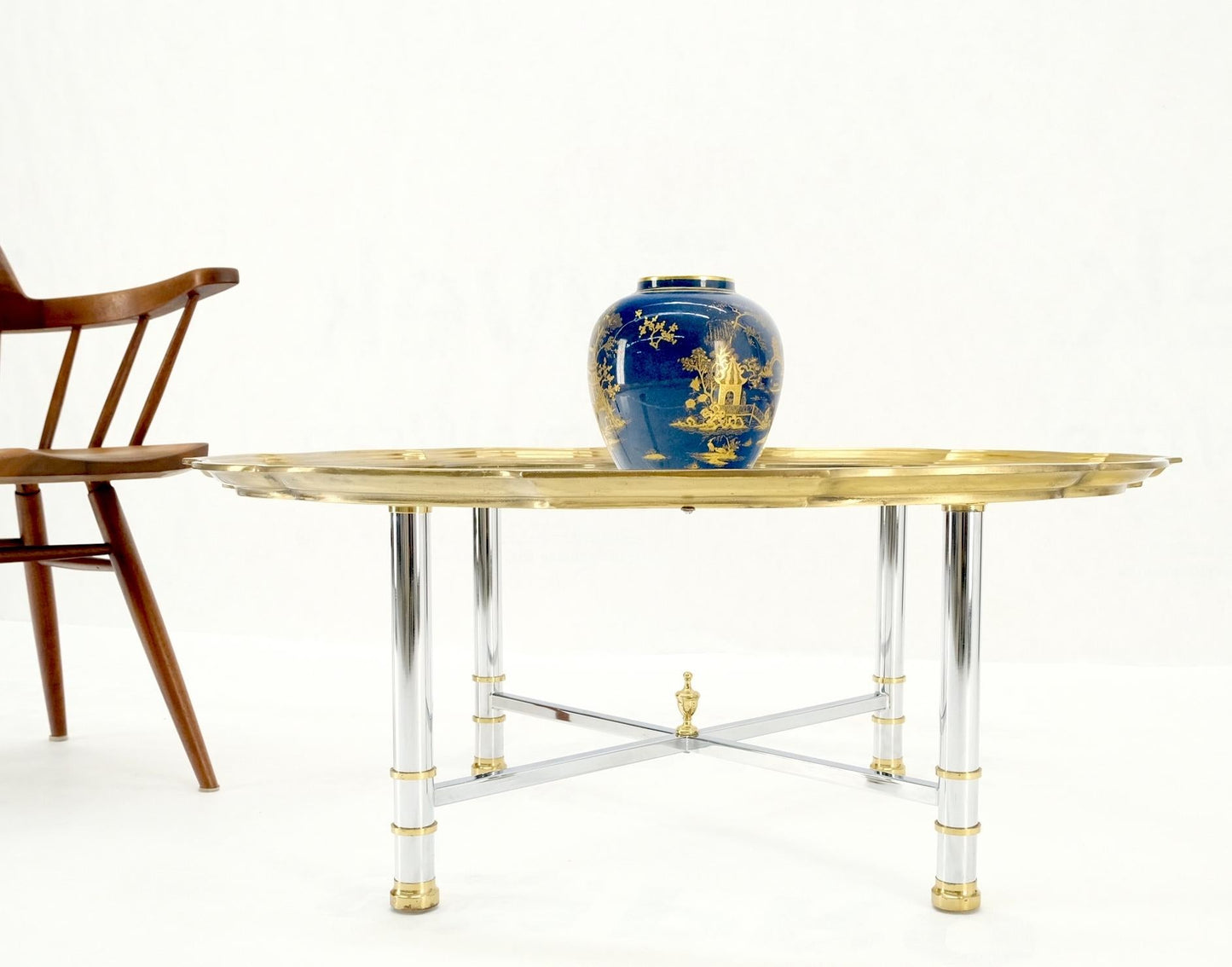 EstablishedLines Glass Top Solid Brass Trim Cross Shape Base Chrome Base Round Coffee Table MINT!