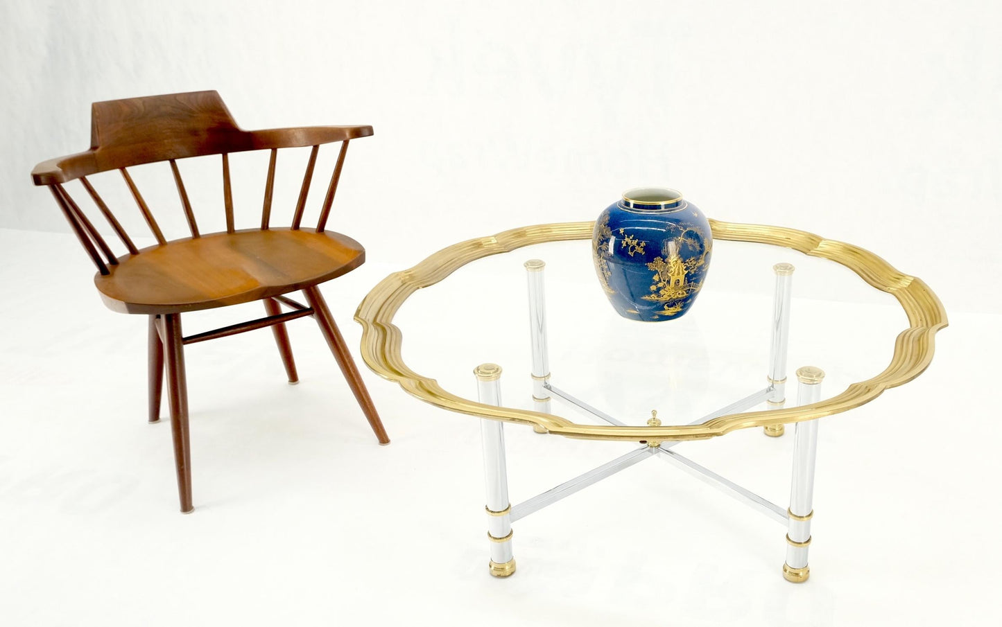 EstablishedLines Glass Top Solid Brass Trim Cross Shape Base Chrome Base Round Coffee Table MINT!