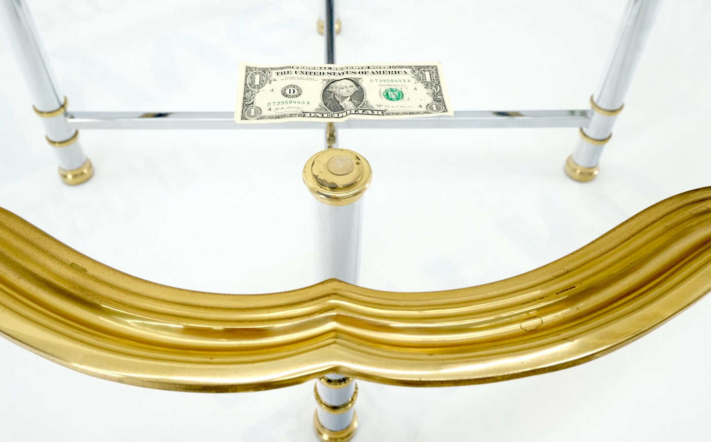 EstablishedLines Glass Top Solid Brass Trim Cross Shape Base Chrome Base Round Coffee Table MINT!