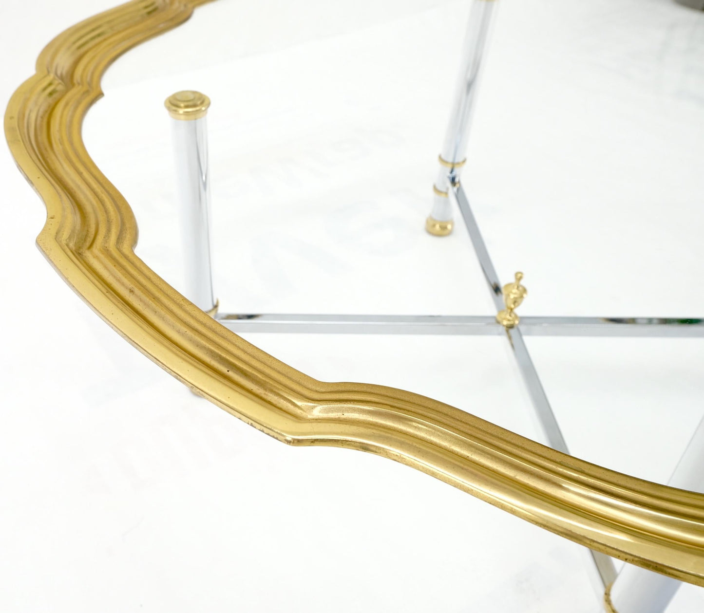 EstablishedLines Glass Top Solid Brass Trim Cross Shape Base Chrome Base Round Coffee Table MINT!