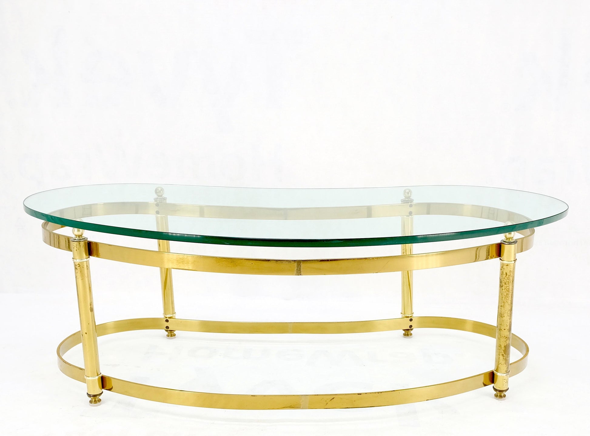 EstablishedLines Thick Glass Kidney Shape Brass Base Mid-Century Modern Coffee Table