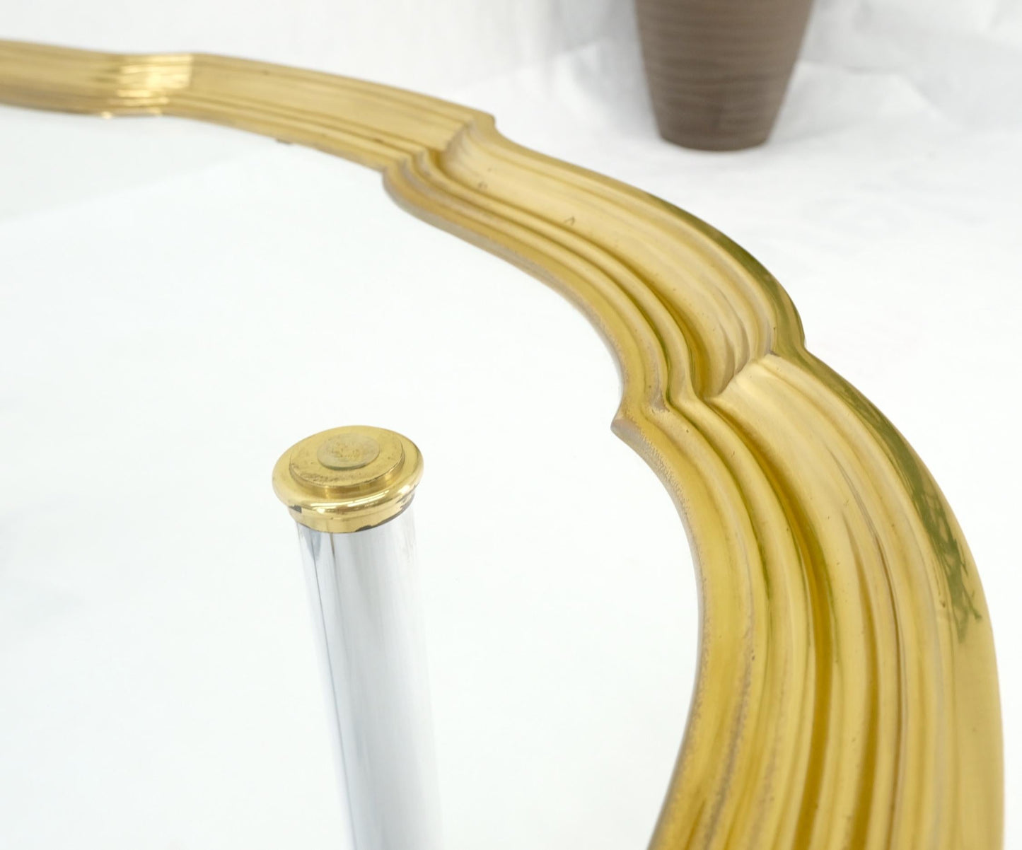 EstablishedLines Glass Top Solid Brass Trim Cross Shape Base Chrome Base Round Coffee Table MINT!