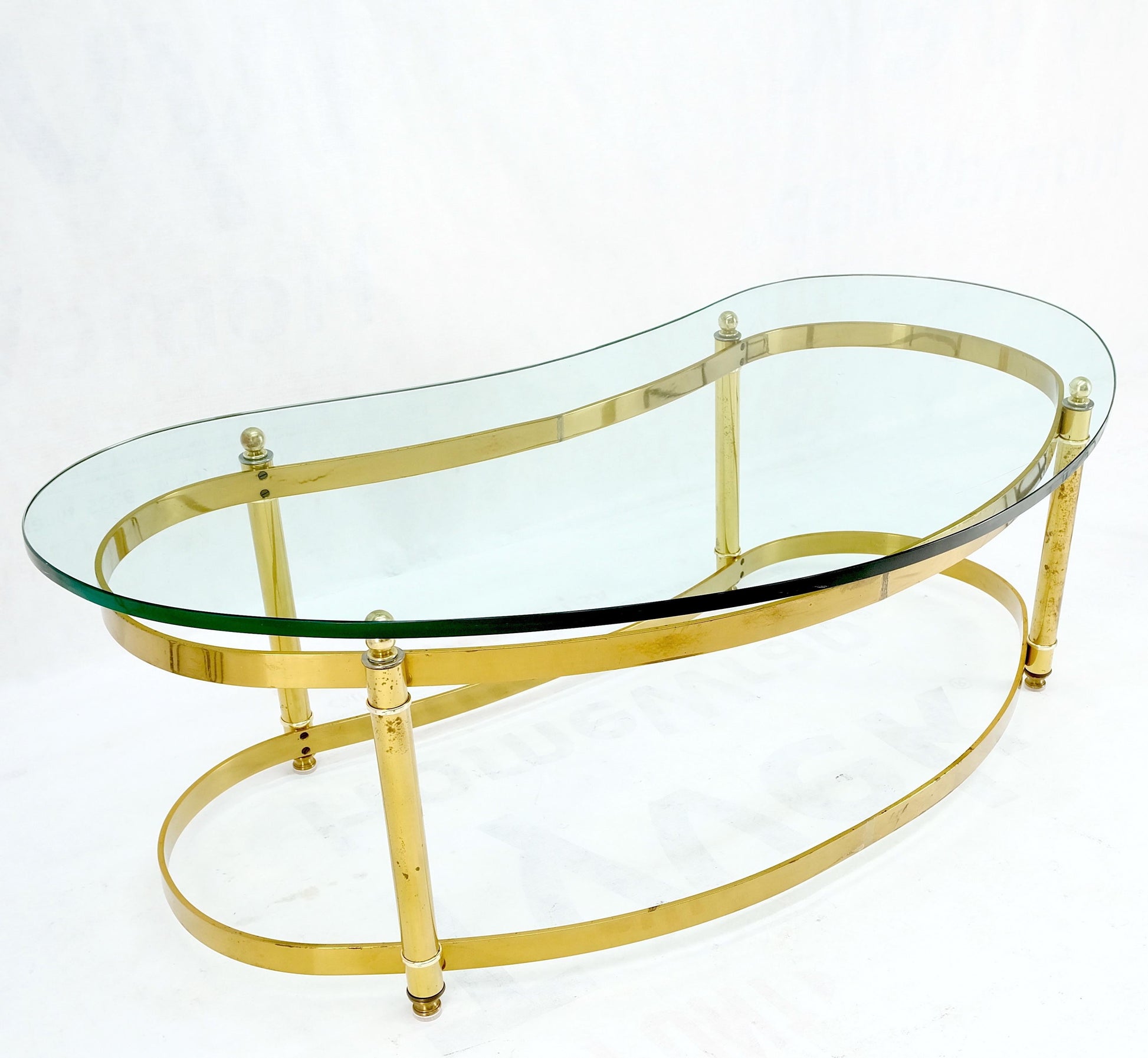 EstablishedLines Thick Glass Kidney Shape Brass Base Mid-Century Modern Coffee Table