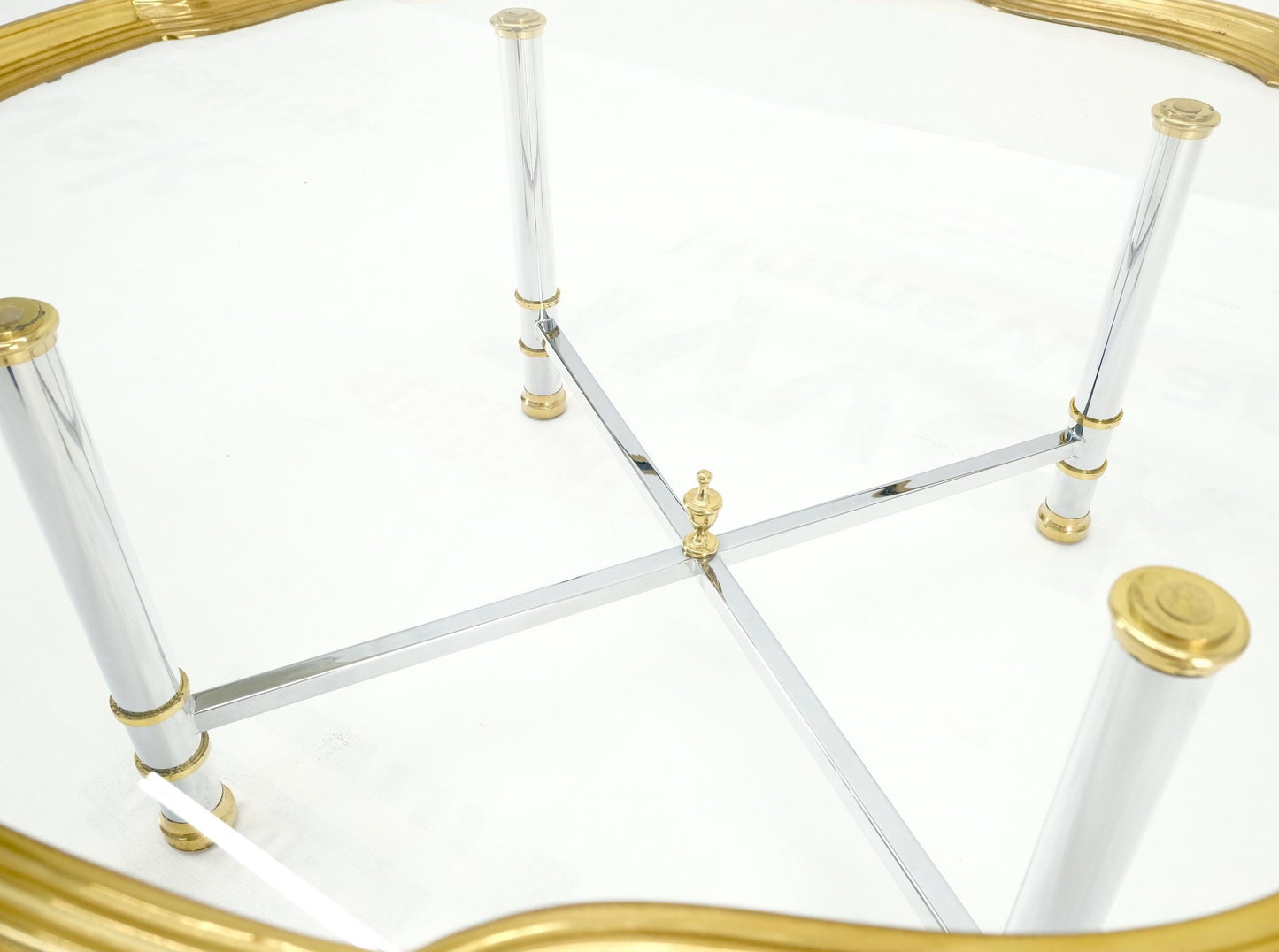 EstablishedLines Glass Top Solid Brass Trim Cross Shape Base Chrome Base Round Coffee Table MINT!