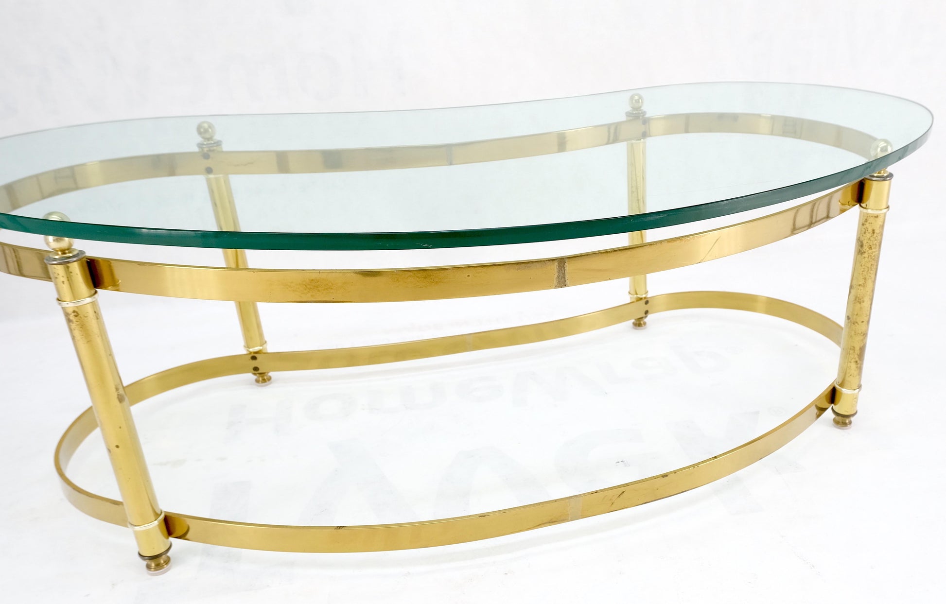 EstablishedLines Thick Glass Kidney Shape Brass Base Mid-Century Modern Coffee Table