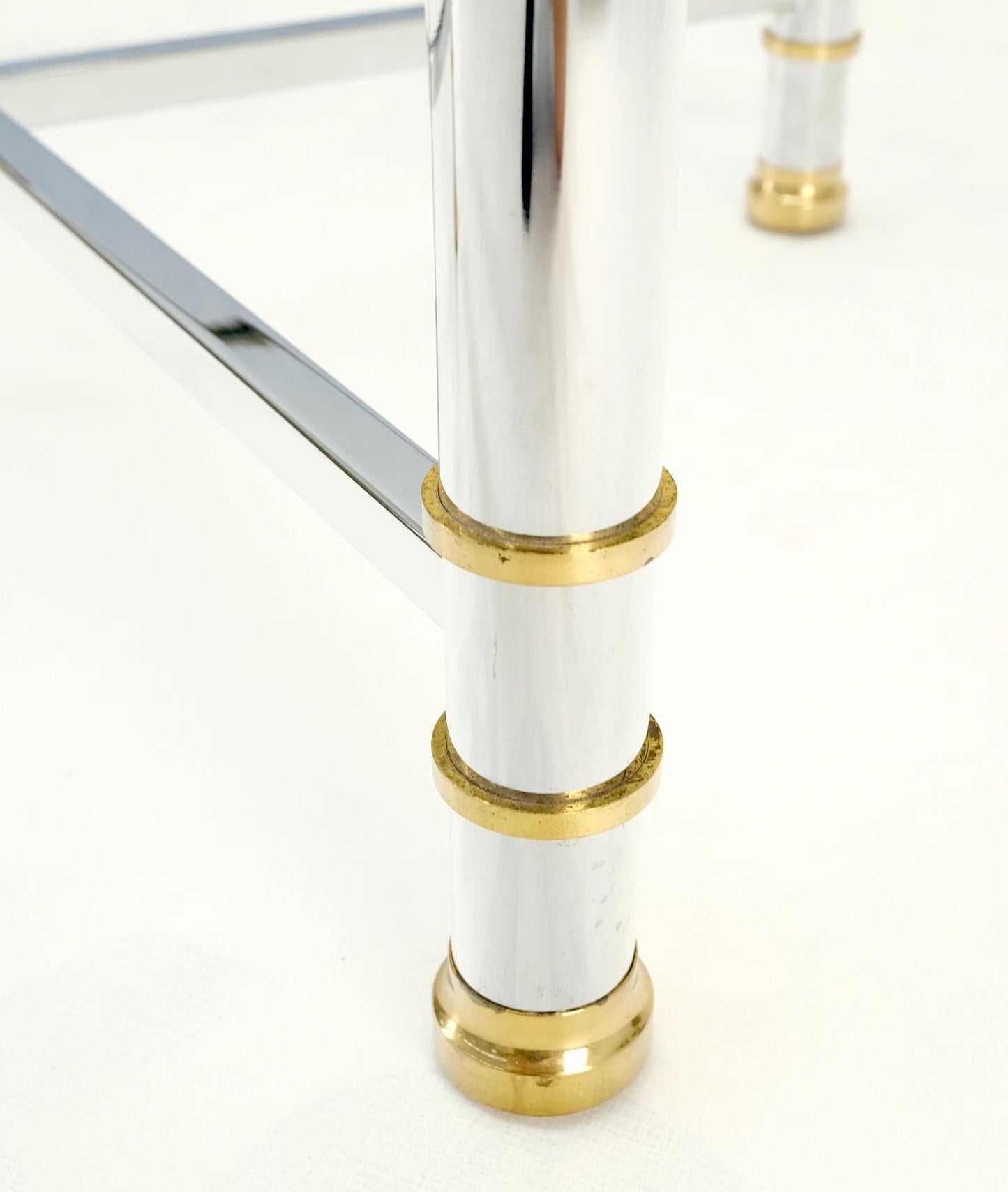 EstablishedLines Glass Top Solid Brass Trim Cross Shape Base Chrome Base Round Coffee Table MINT!