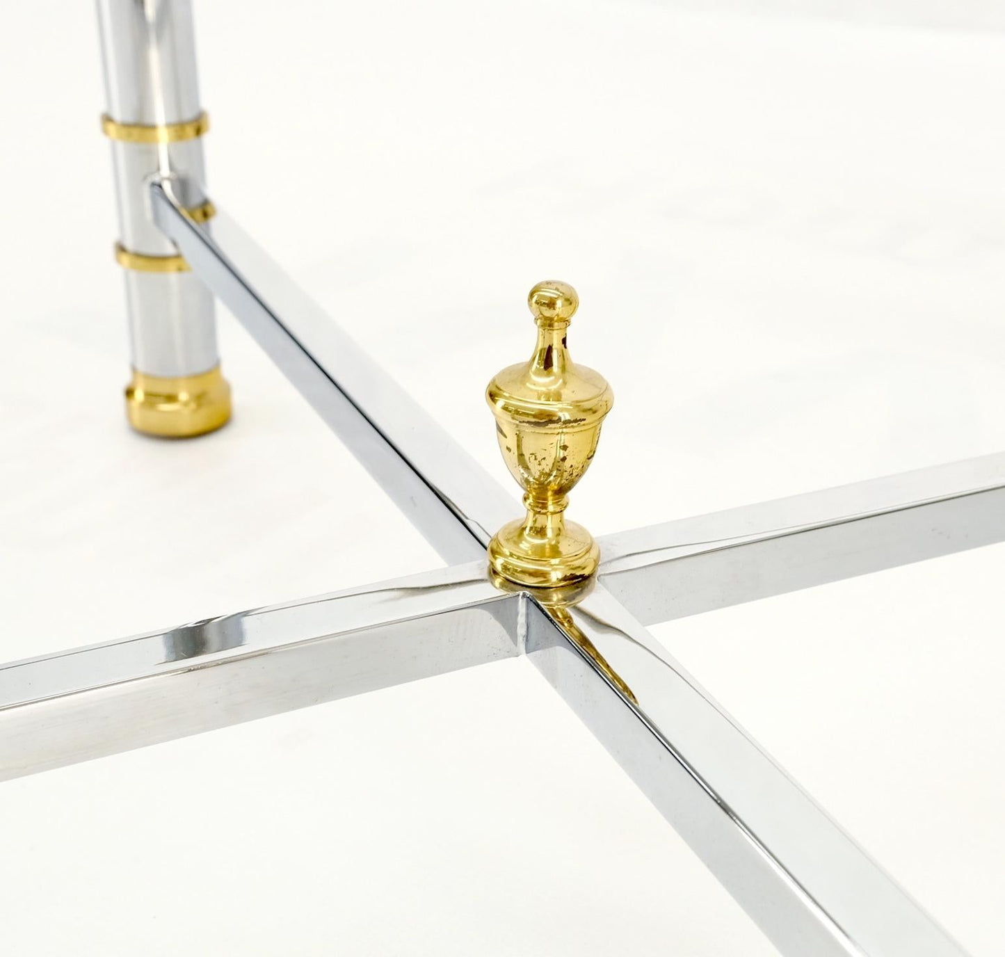 EstablishedLines Glass Top Solid Brass Trim Cross Shape Base Chrome Base Round Coffee Table MINT!