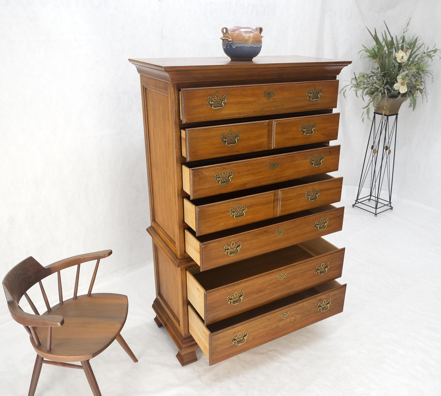 Light Walnut Chest on Chest Dresser High Boy Brass Pulls by Thomasville MINT!