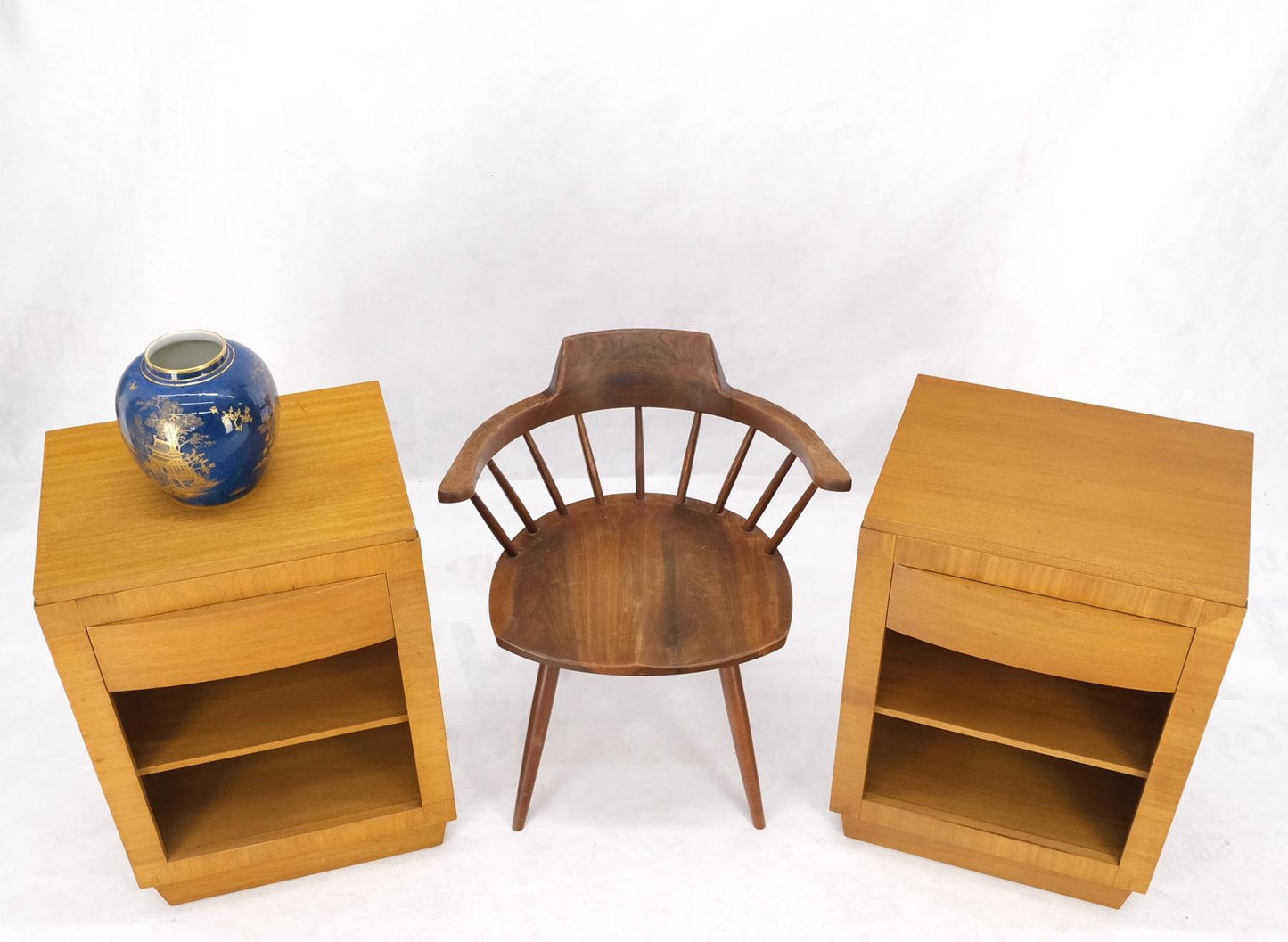 EstablishedLines Pair Art Deco Mid-Century Modern Blond Mahogany 1 Drawer Shelf Night Stands Mint