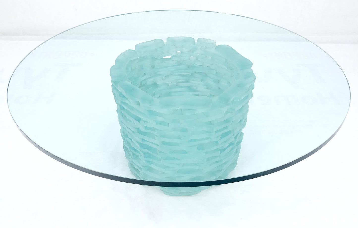 EstablishedLines Fused Glass "Ice" Blocks Round Base Studio Made 3/4" 48" Glass Top Coffee Table