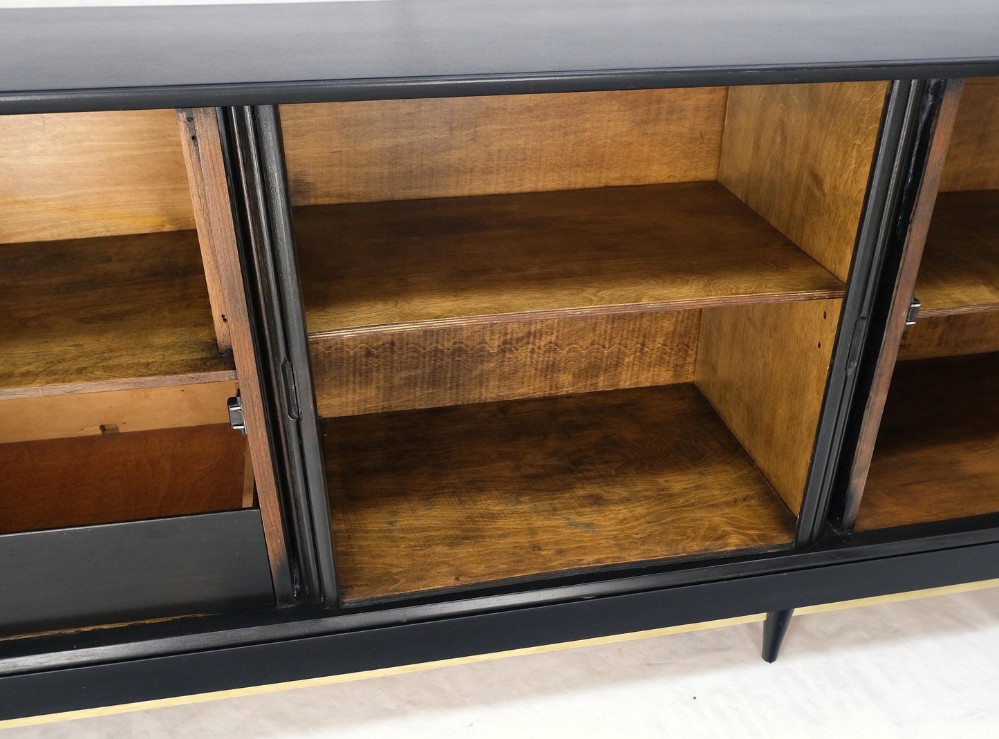 EstablishedLines Black Lacquer Ebonized Tambour Doors Credenza Dresser on Platform Brass Base