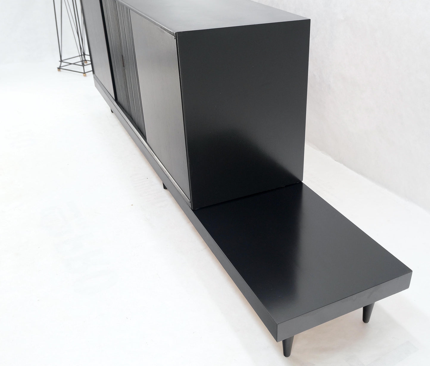 EstablishedLines Black Lacquer Ebonized Tambour Doors Credenza Dresser on Platform Brass Base