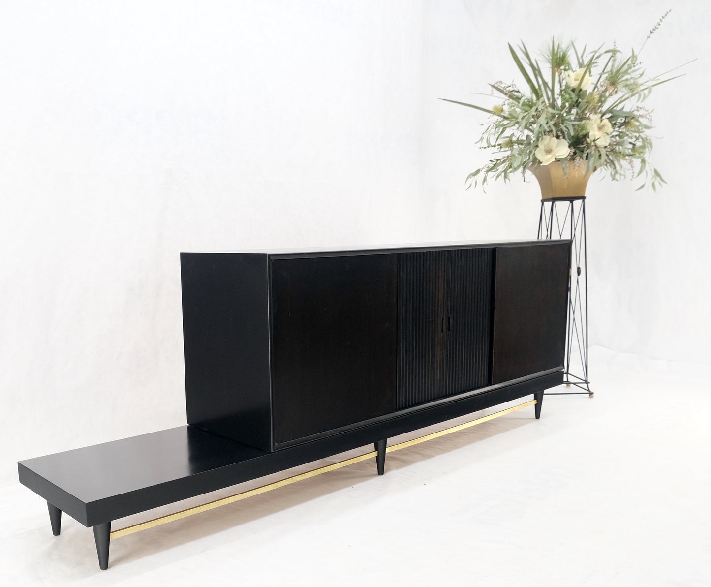 EstablishedLines Black Lacquer Ebonized Tambour Doors Credenza Dresser on Platform Brass Base