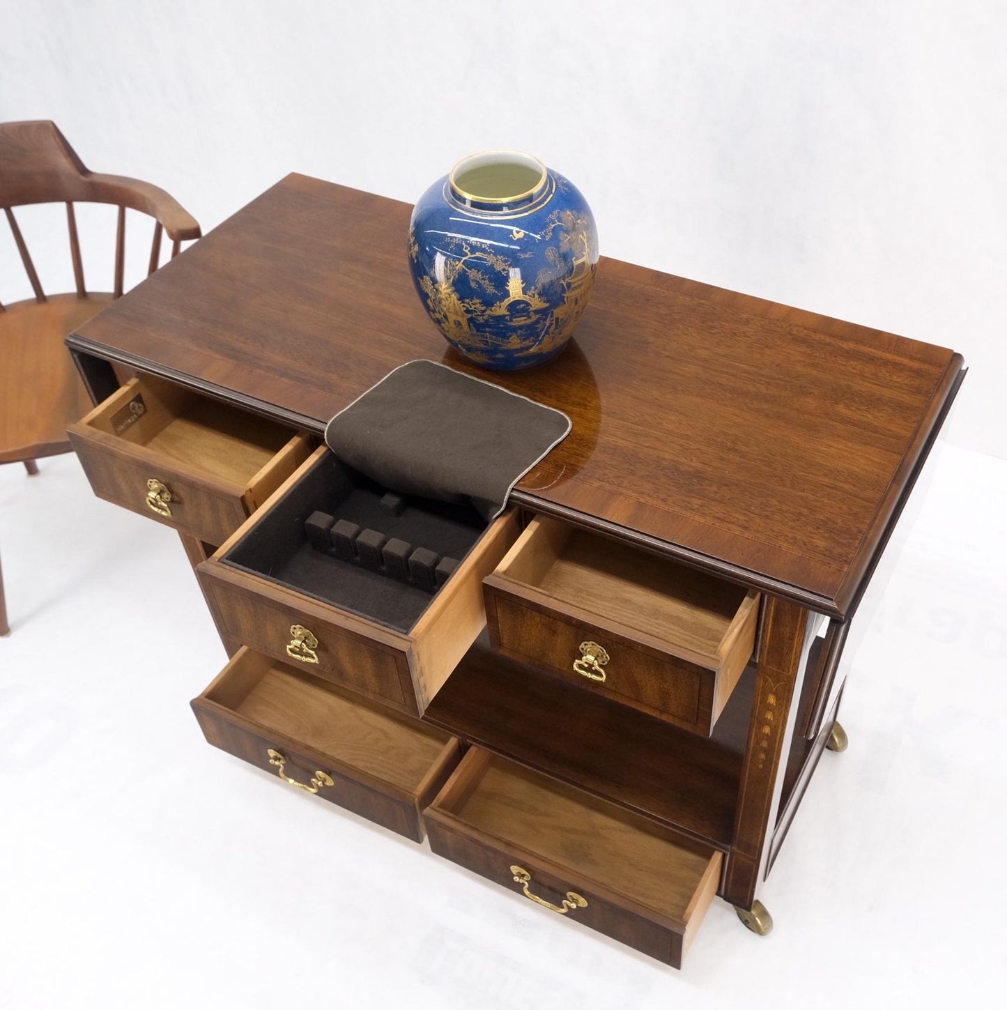 EstablishedLines Mahogany Banded Inlay Drop Leaf Silver Drawer 5 Drawers Server Cart on Wheels