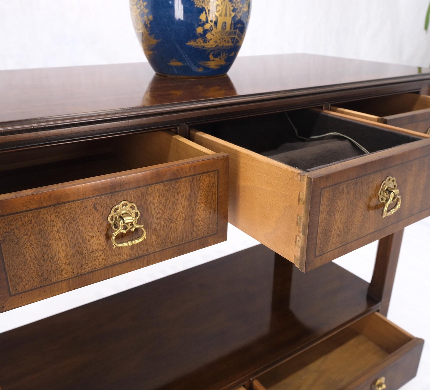 EstablishedLines Mahogany Banded Inlay Drop Leaf Silver Drawer 5 Drawers Server Cart on Wheels