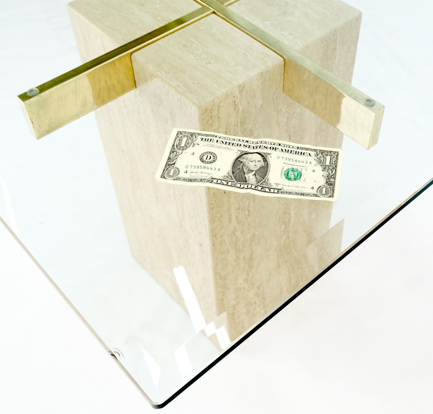 EstablishedLines Pair Travertine Bases Cross Support Glass Top End Side Occational Tables Stands