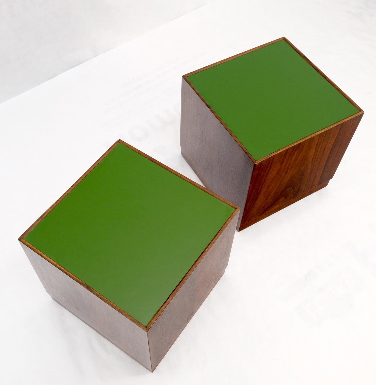 EstablishedLines Pair of Cube Shape Walnut Mid-Century Modern End Side Occasional Tables Stands