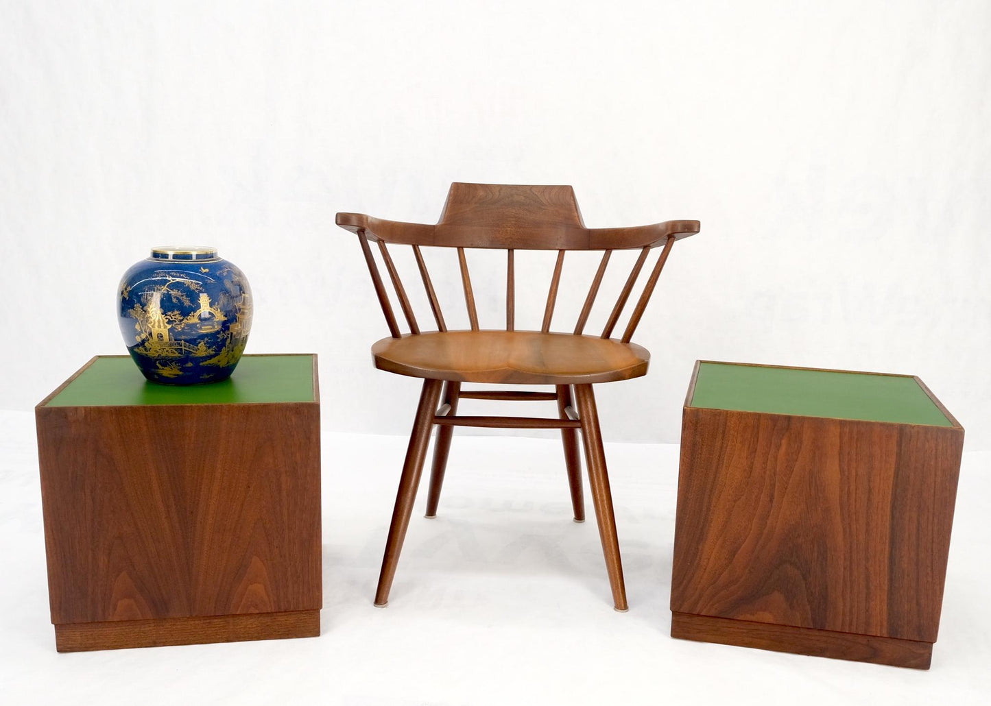 EstablishedLines Pair of Cube Shape Walnut Mid-Century Modern End Side Occasional Tables Stands